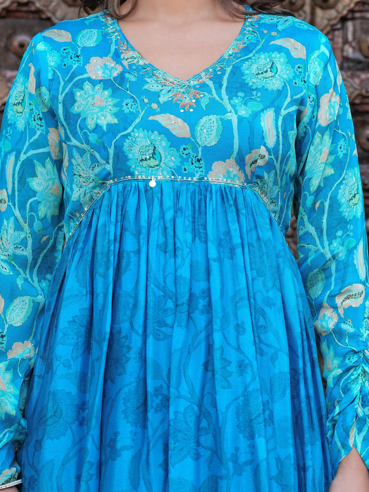Rangvastra Blue Chinon Floral PrintedGown With Dupatta Set