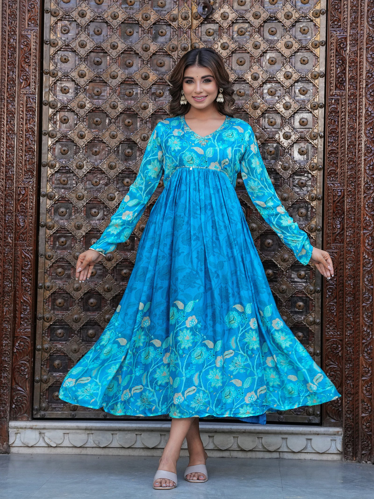 Rangvastra Blue Chinon Floral PrintedGown With Dupatta Set