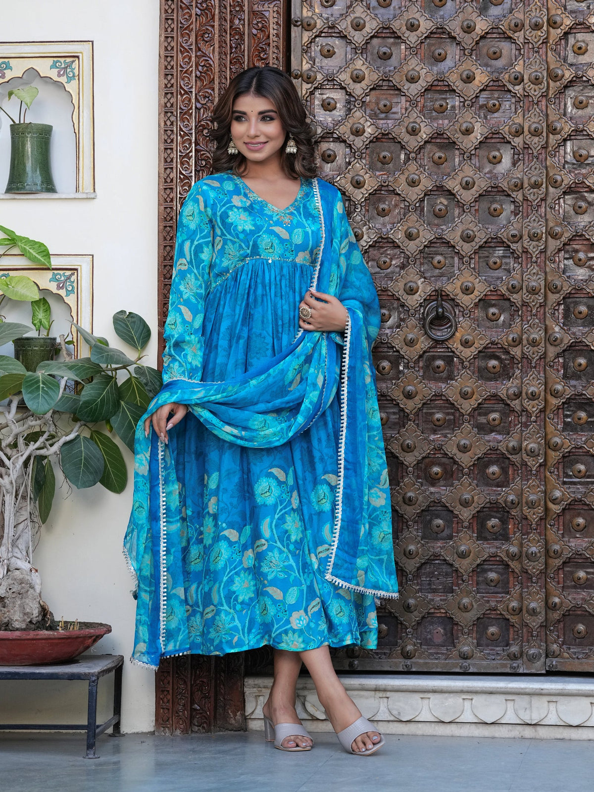 Rangvastra Blue Chinon Floral PrintedGown With Dupatta Set