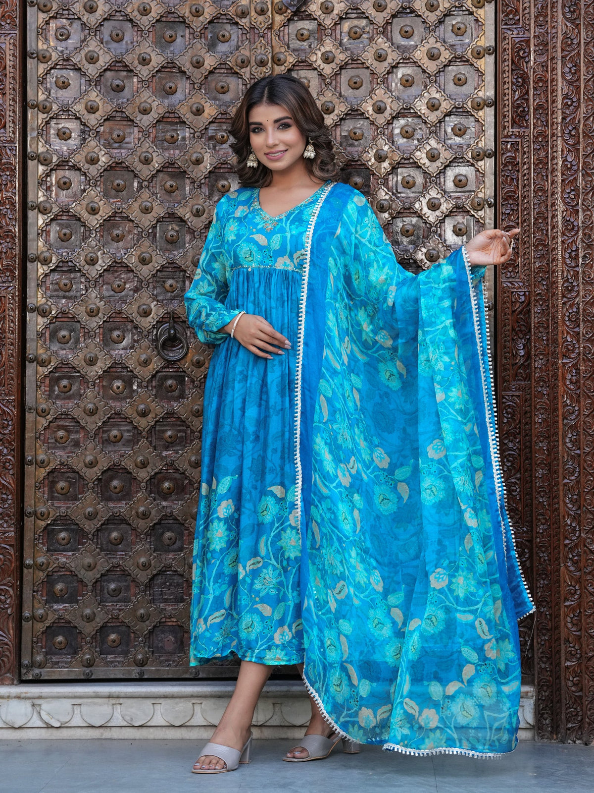 Rangvastra Blue Chinon Floral PrintedGown With Dupatta Set