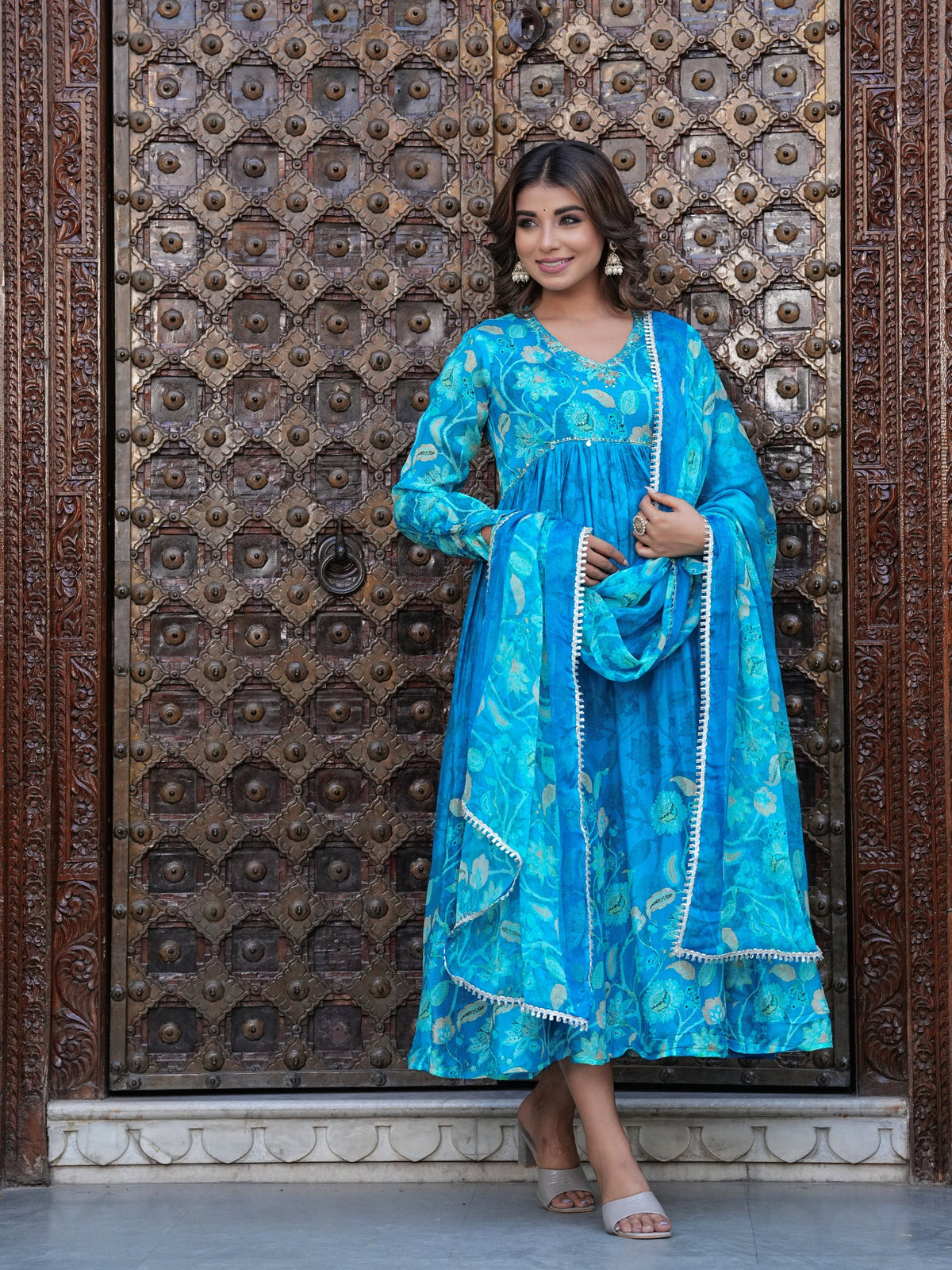 Rangvastra Blue Chinon Floral PrintedGown With Dupatta Set