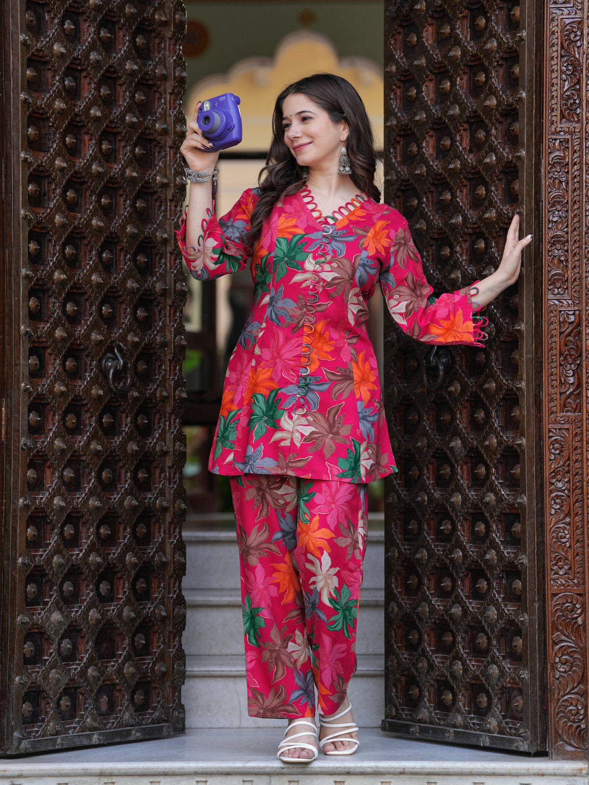 Rangvastra Pink & Yellow Floral Rayon Co-Ord Set