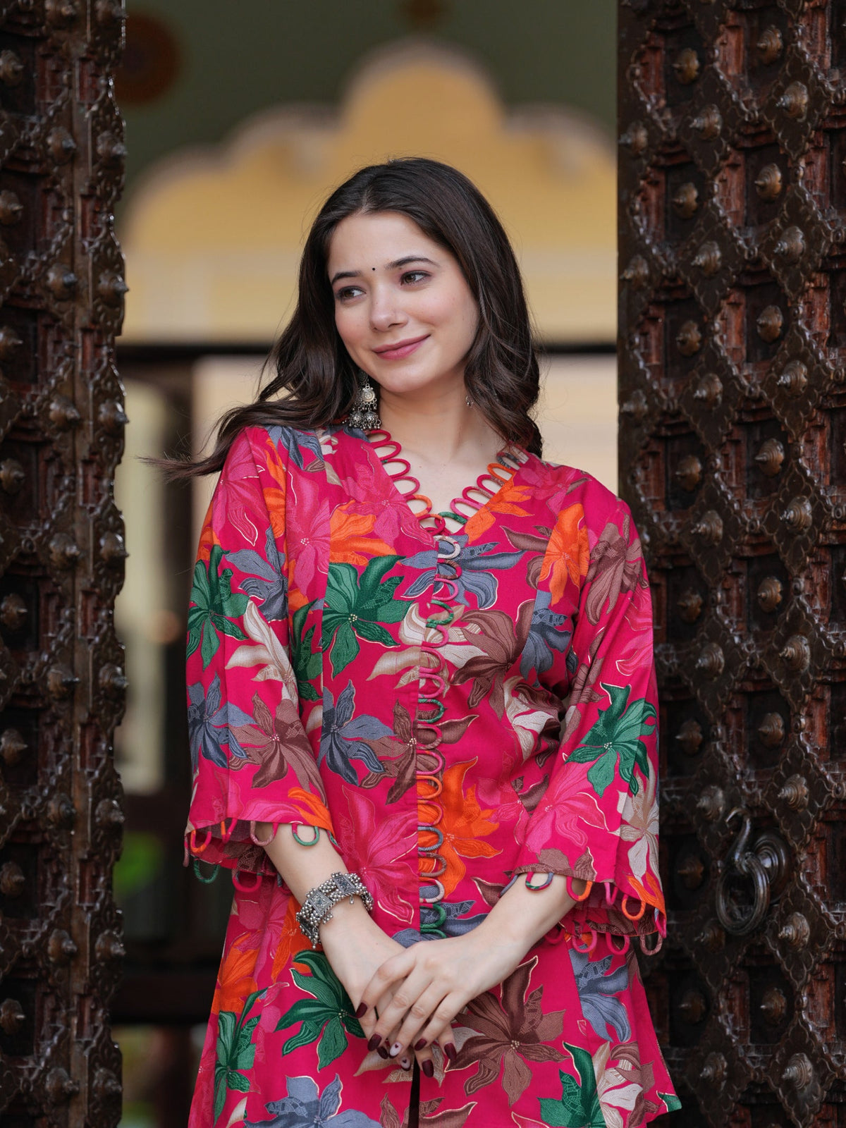 Rangvastra Pink & Yellow Floral Rayon Co-Ord Set