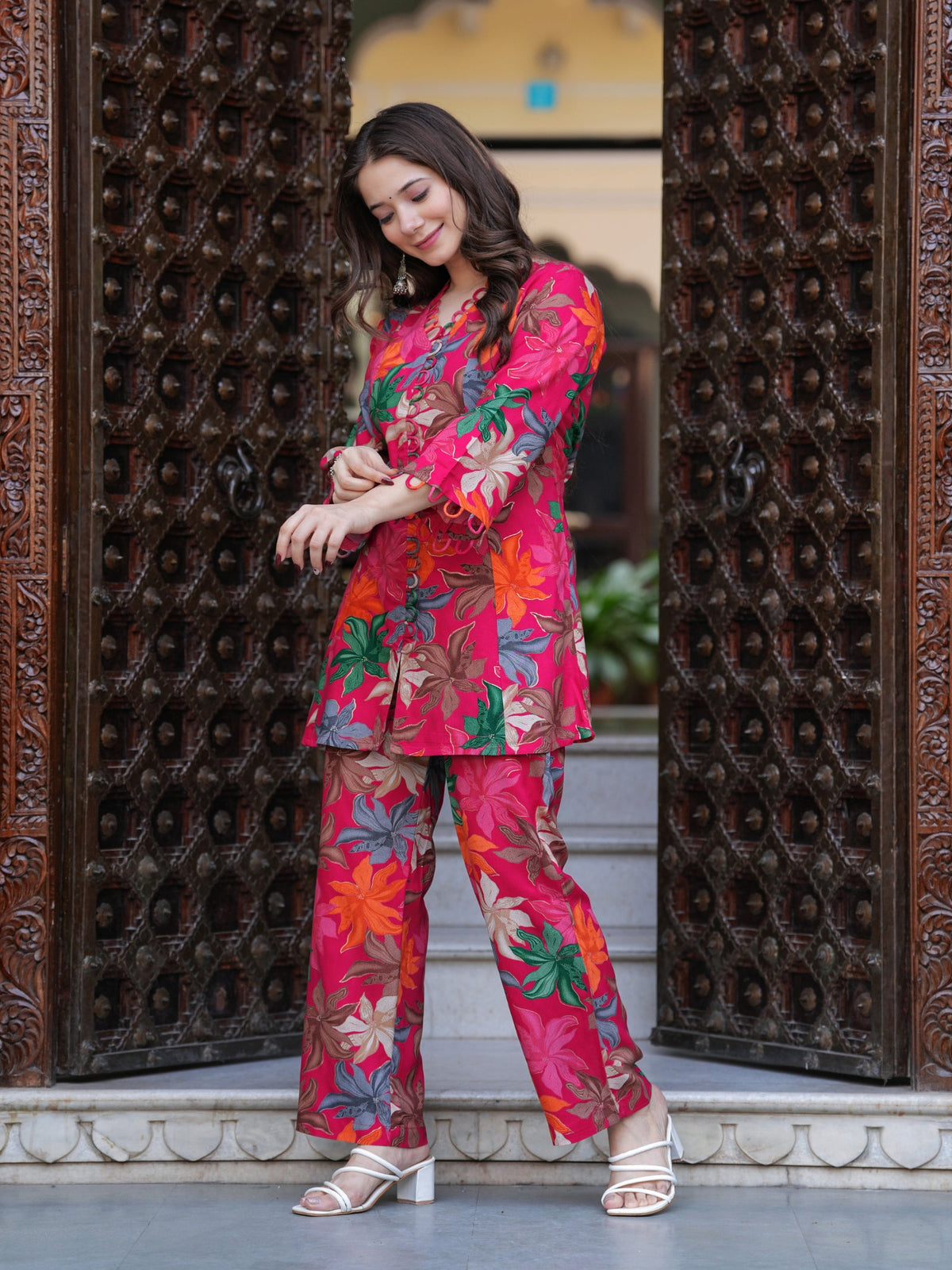 Rangvastra Pink & Yellow Floral Rayon Co-Ord Set