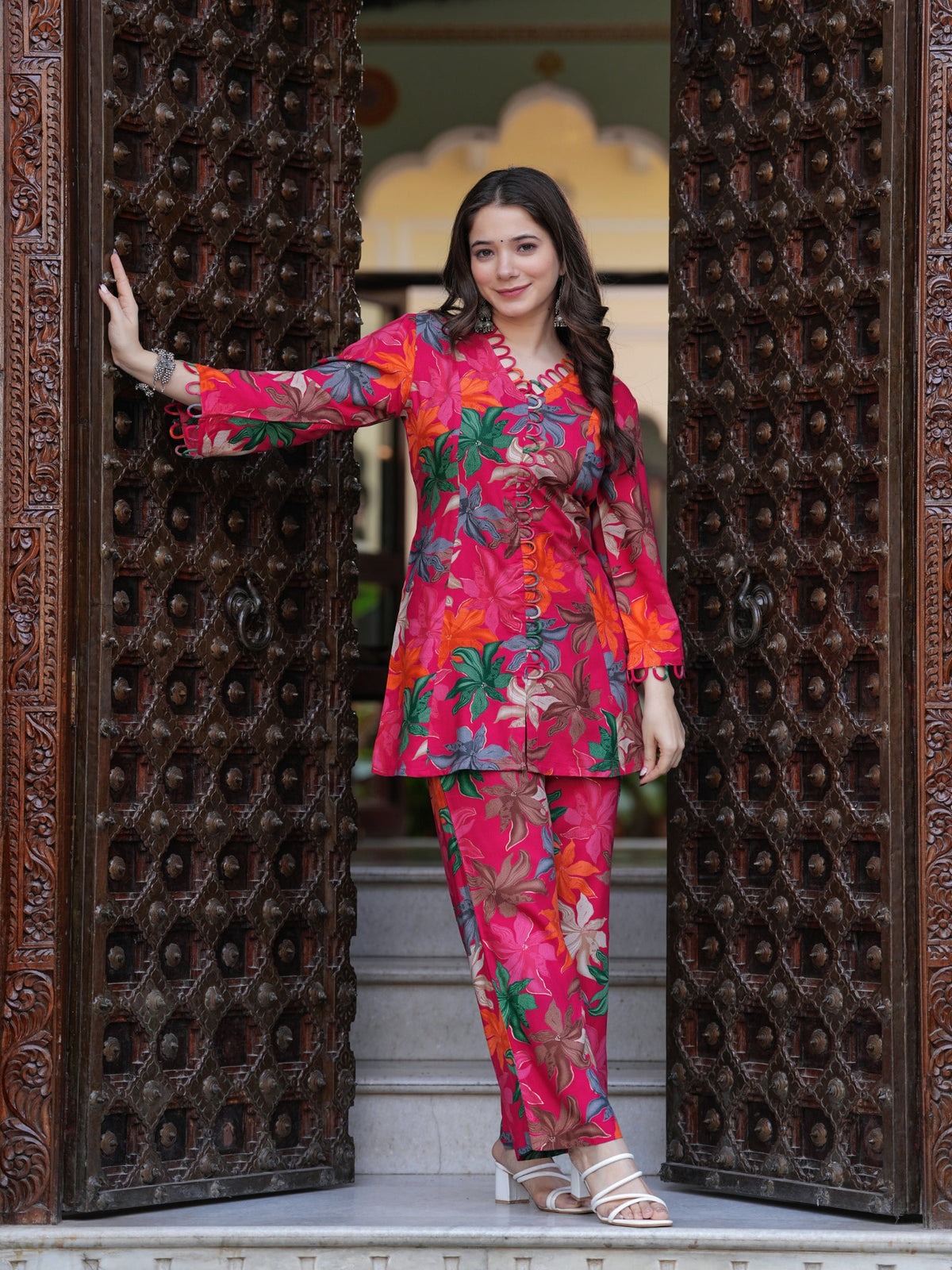 Rangvastra Pink & Yellow Floral Rayon Co-Ord Set