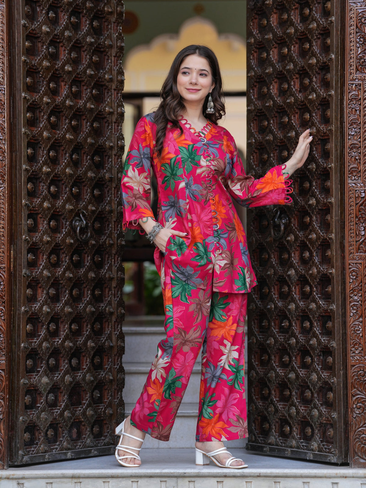 Rangvastra Pink & Yellow Floral Rayon Co-Ord Set