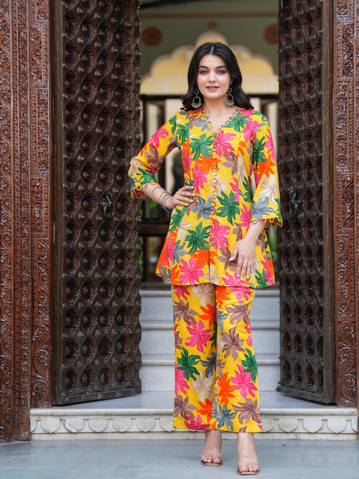 Rangvastra Pink & Yellow Floral Rayon Co-Ord Set