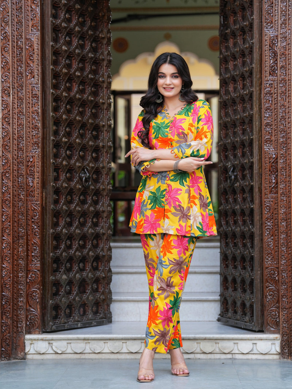 Rangvastra Pink & Yellow Floral Rayon Co-Ord Set