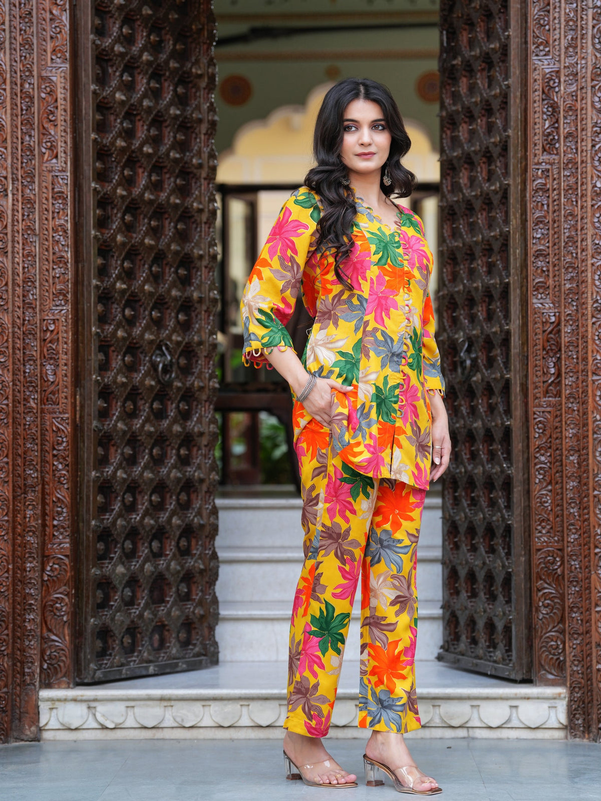 Rangvastra Pink & Yellow Floral Rayon Co-Ord Set