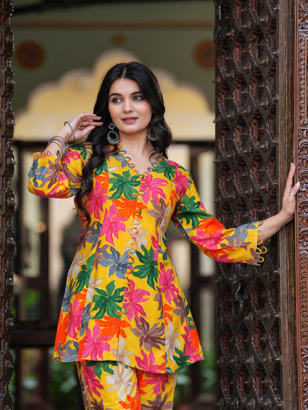 Rangvastra Pink & Yellow Floral Rayon Co-Ord Set