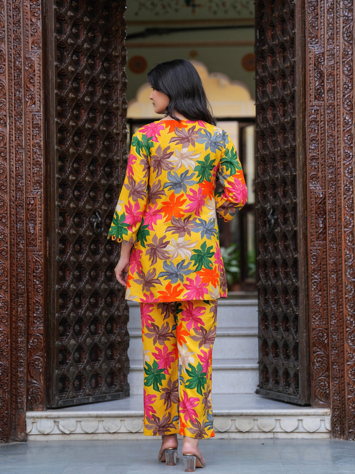 Rangvastra Pink & Yellow Floral Rayon Co-Ord Set