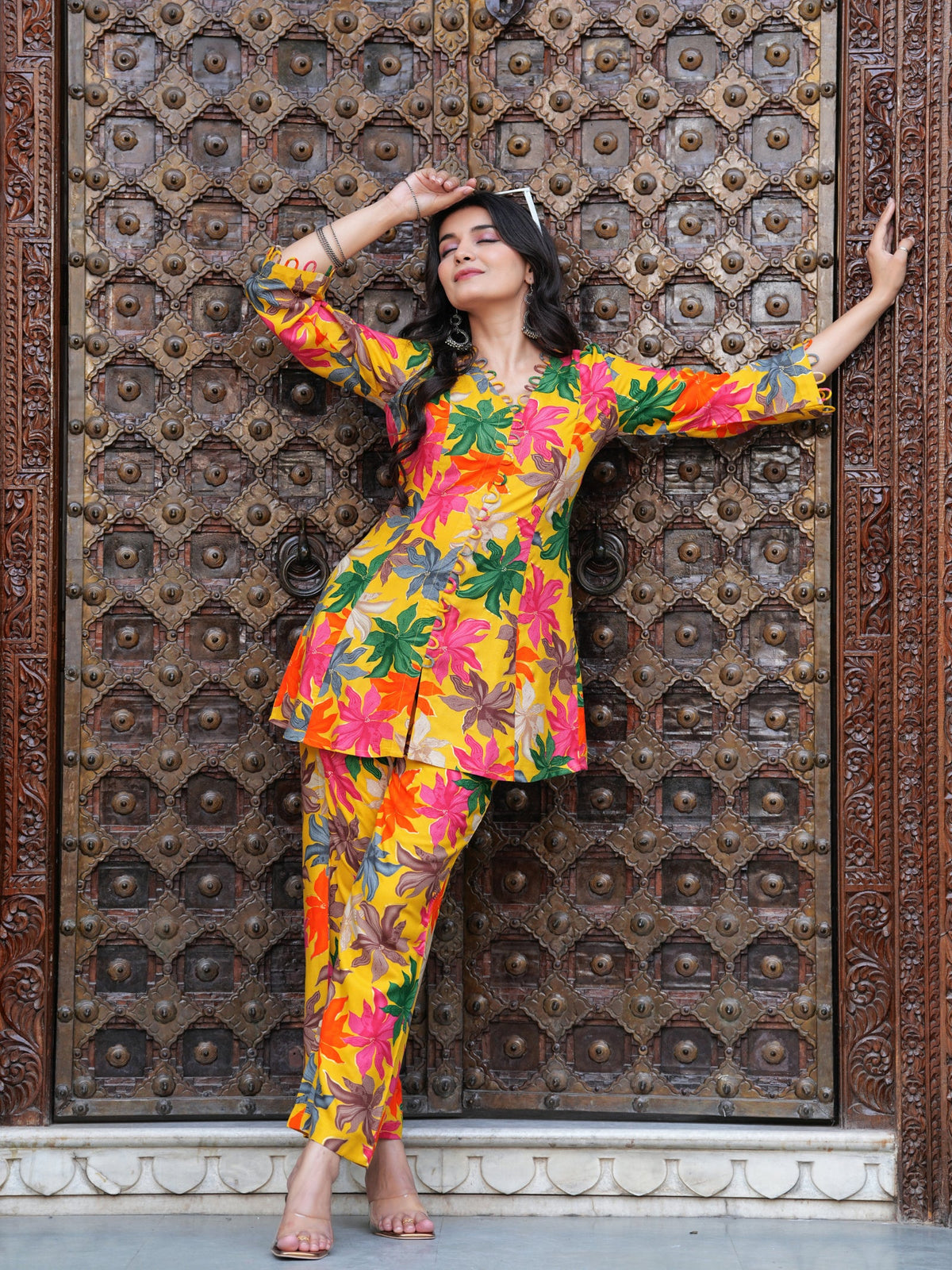 Rangvastra Pink & Yellow Floral Rayon Co-Ord Set