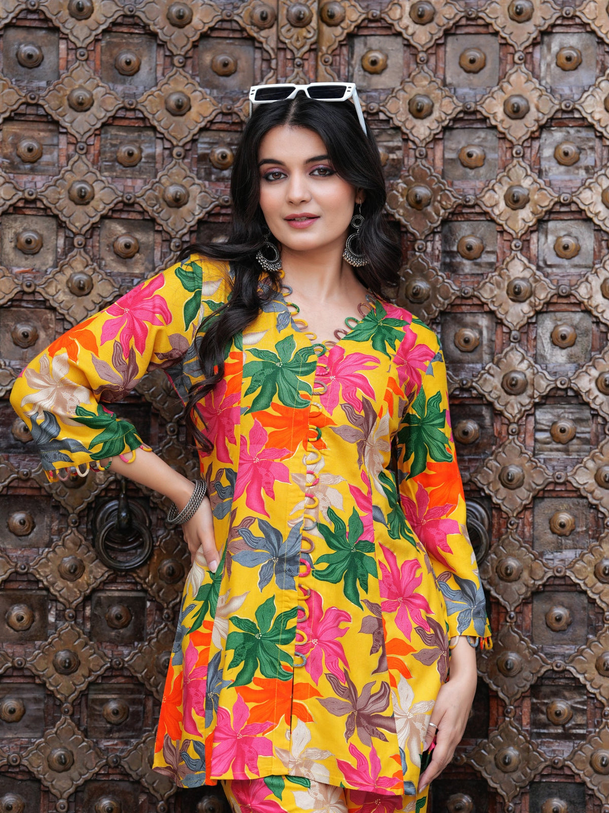 Rangvastra Pink & Yellow Floral Rayon Co-Ord Set