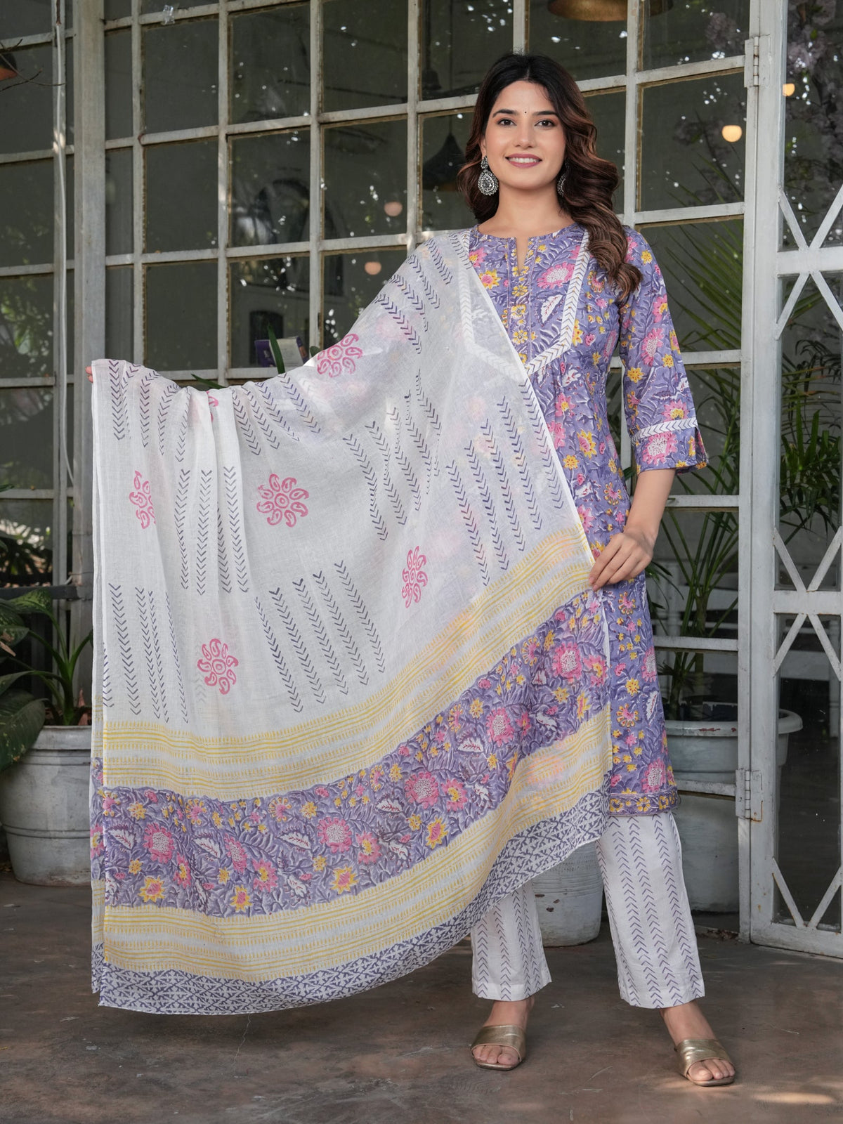 Rangvastra  Cotton Purple Floral Hand Block Kurta Set with Dupatta