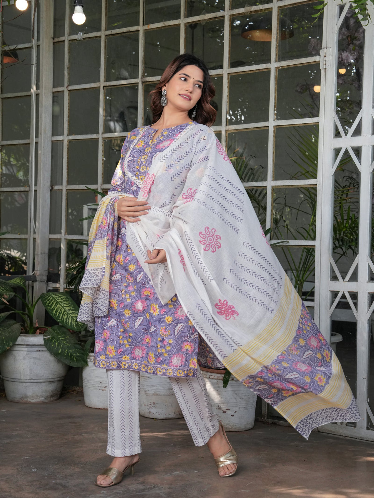 Rangvastra  Cotton Purple Floral Hand Block Kurta Set with Dupatta