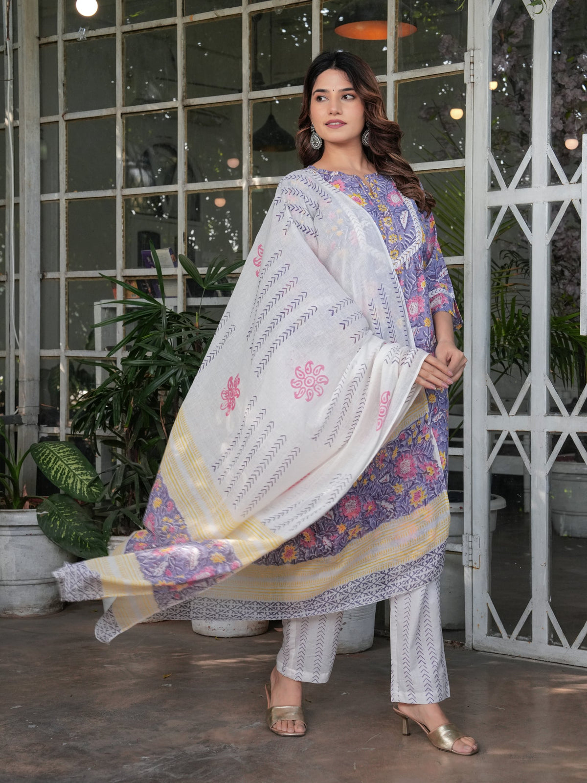 Rangvastra  Cotton Purple Floral Hand Block Kurta Set with Dupatta