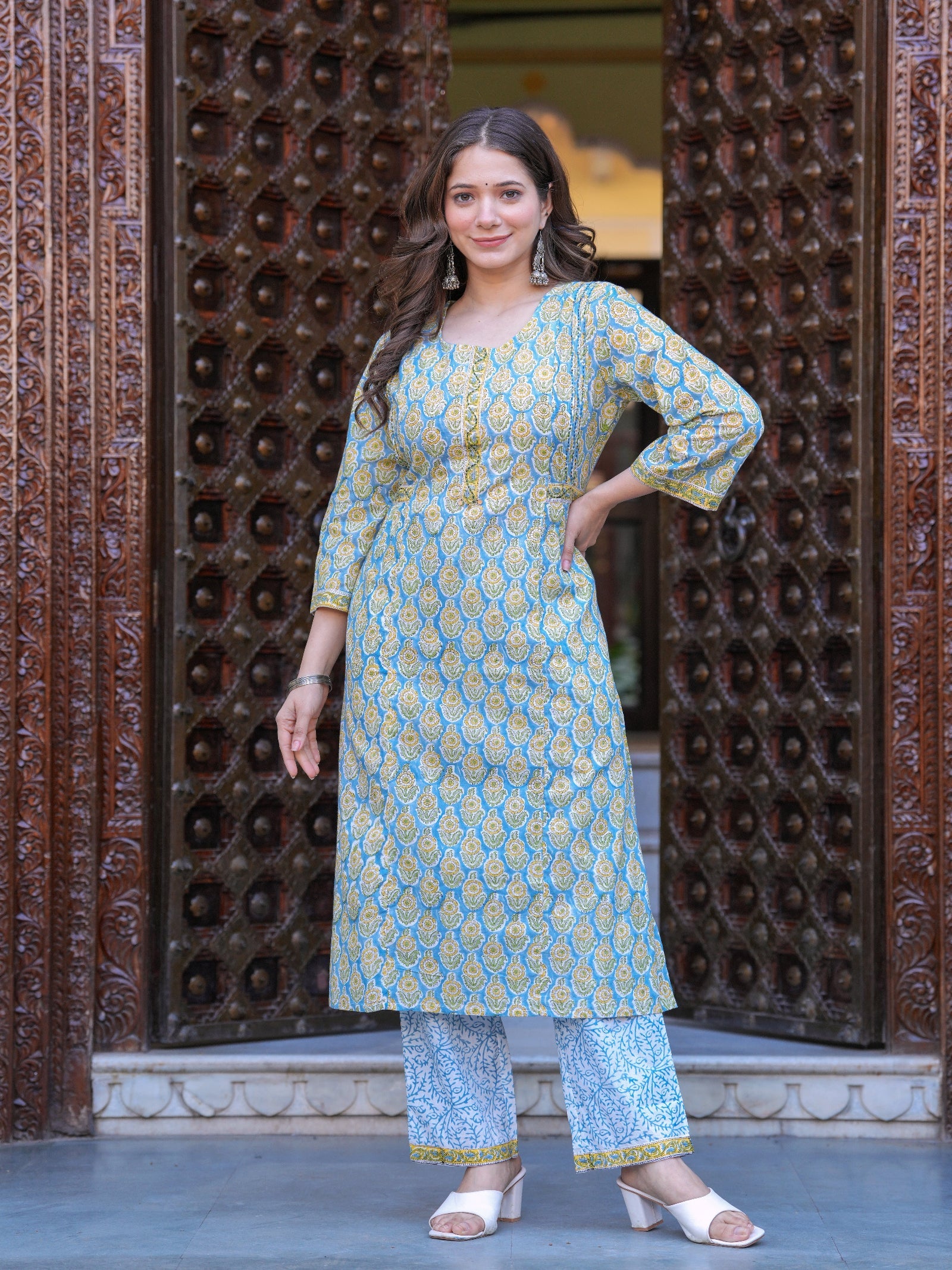 Maluka Women Cotton Floral Printed Hand Block Kurta Pant With Dupatta Set