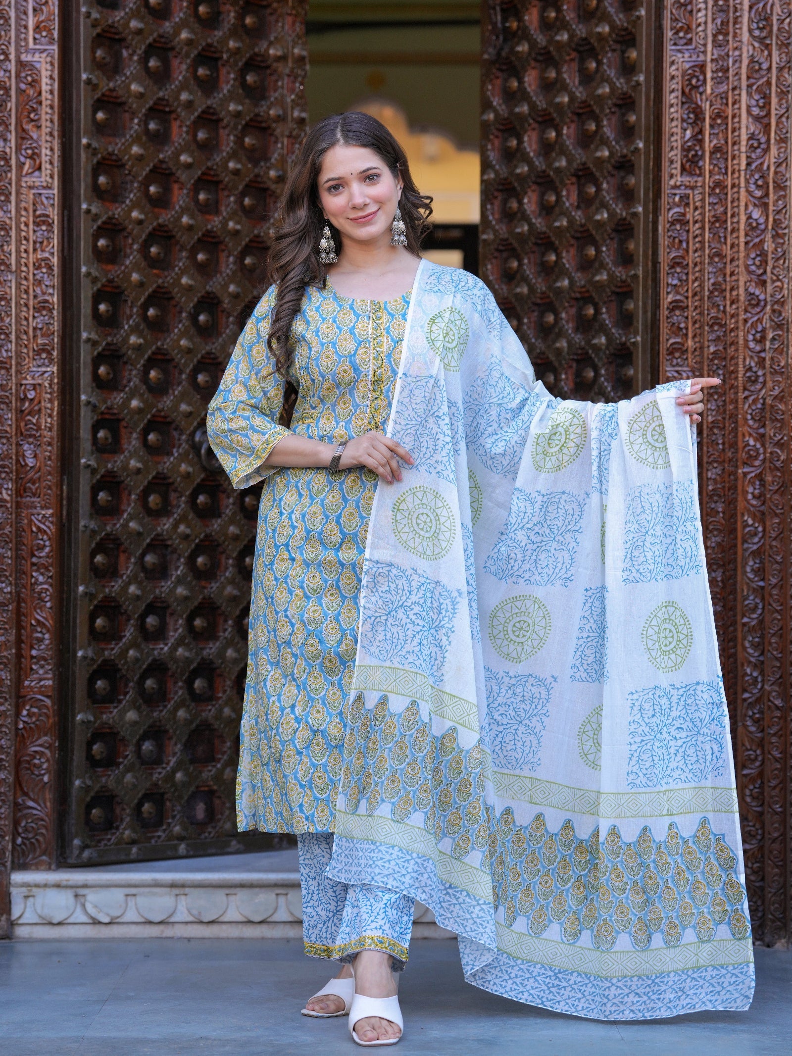 Maluka Women Cotton Floral Printed Hand Block Kurta Pant With Dupatta Set