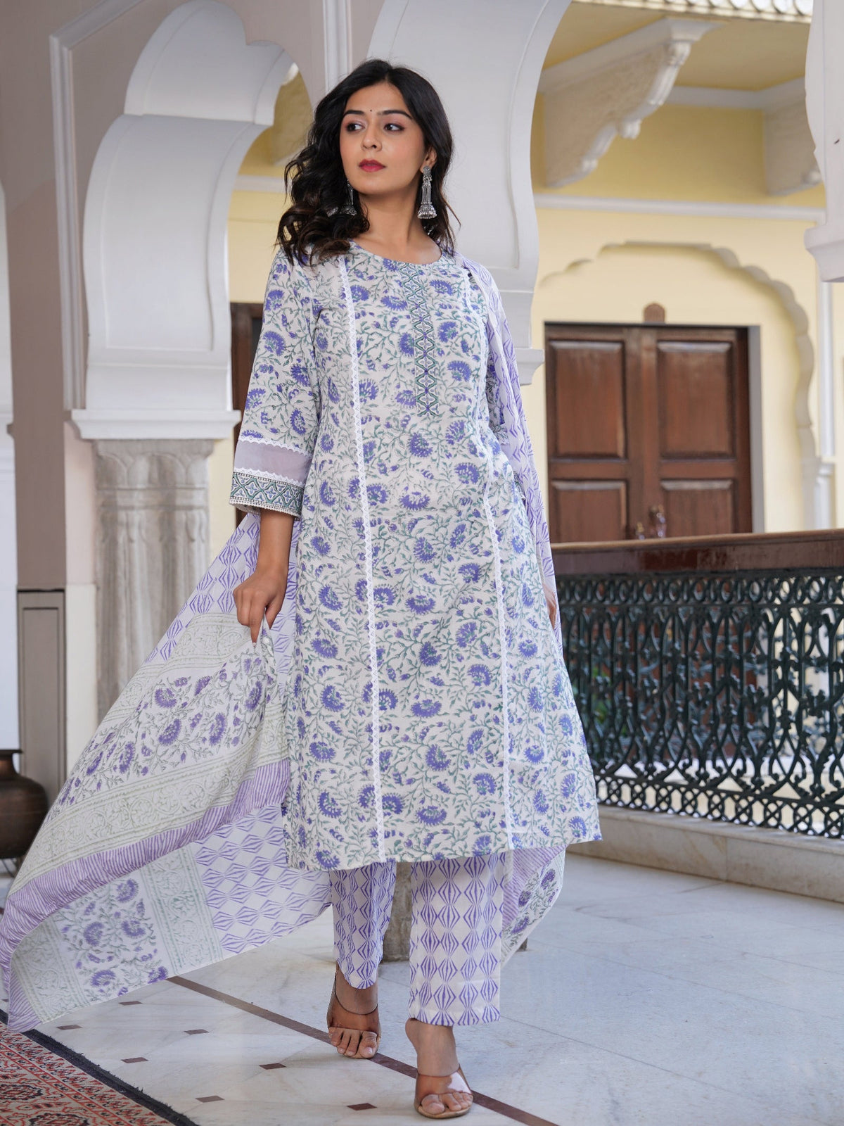 Rangvastra Cotton Printed Hand Block Kurta Pant With Dupatta Set