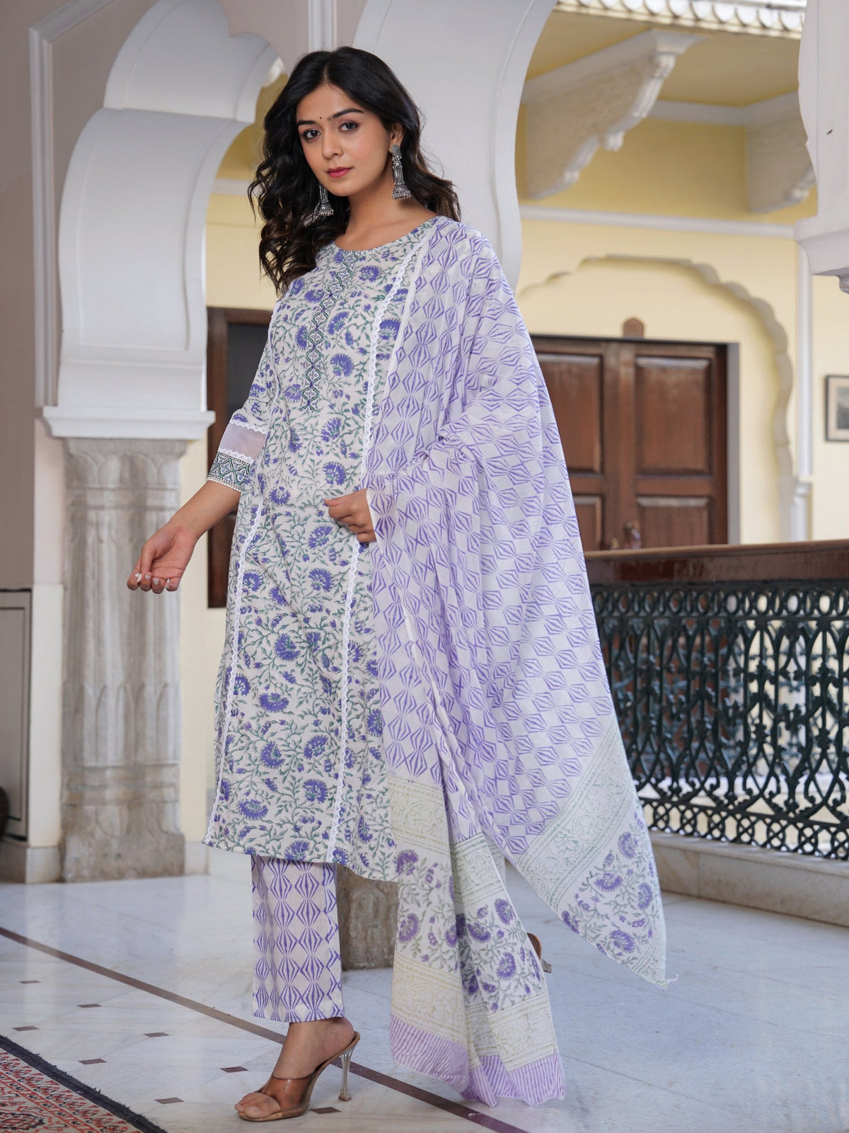 Rangvastra Cotton Printed Hand Block Kurta Pant With Dupatta Set
