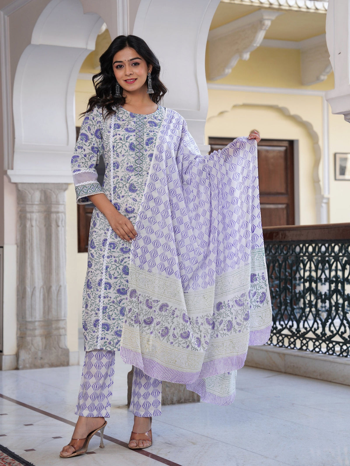 Rangvastra Cotton Printed Hand Block Kurta Pant With Dupatta Set