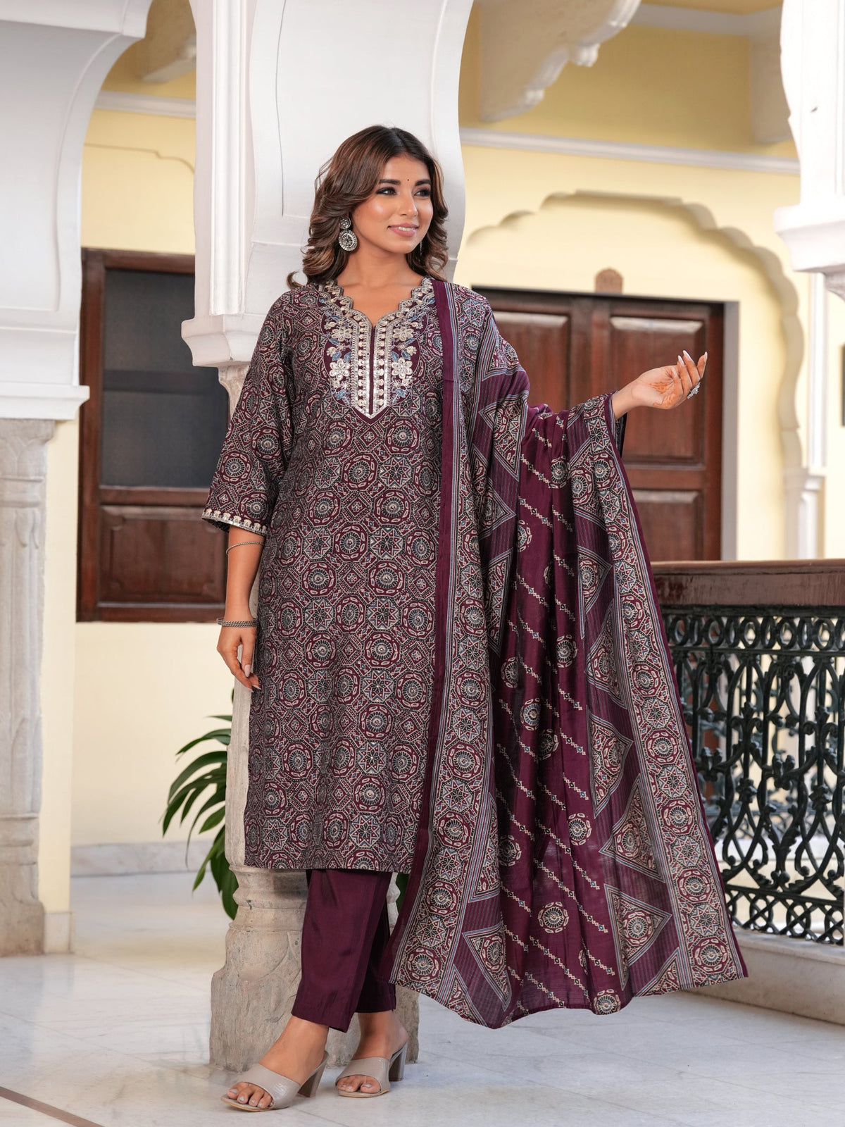 Rangvastra  Wine & Mehndi Green Ethnic Kurta Set with Dupatta