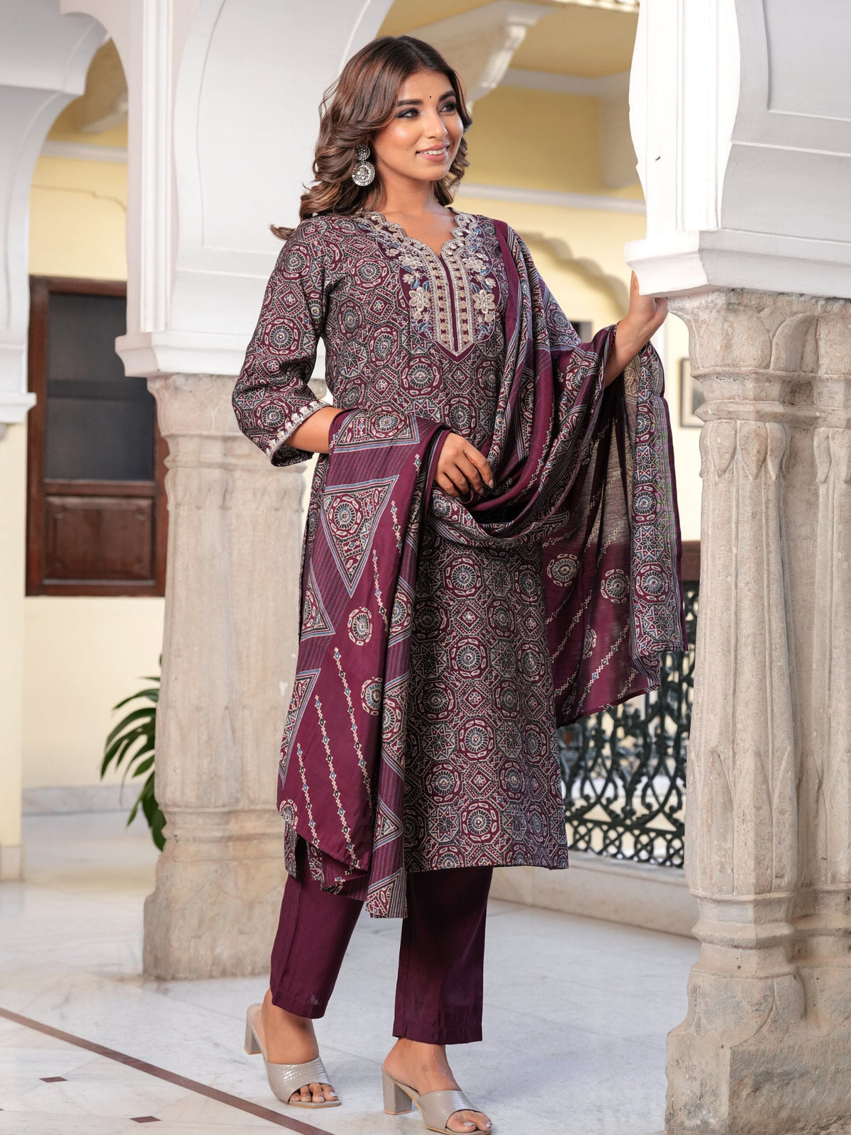 Rangvastra  Wine & Mehndi Green Ethnic Kurta Set with Dupatta