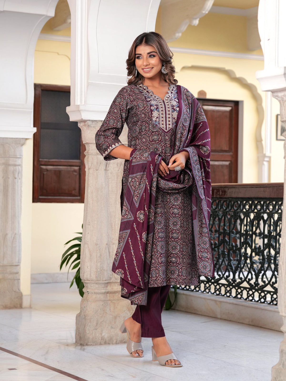 Rangvastra  Wine & Mehndi Green Ethnic Kurta Set with Dupatta