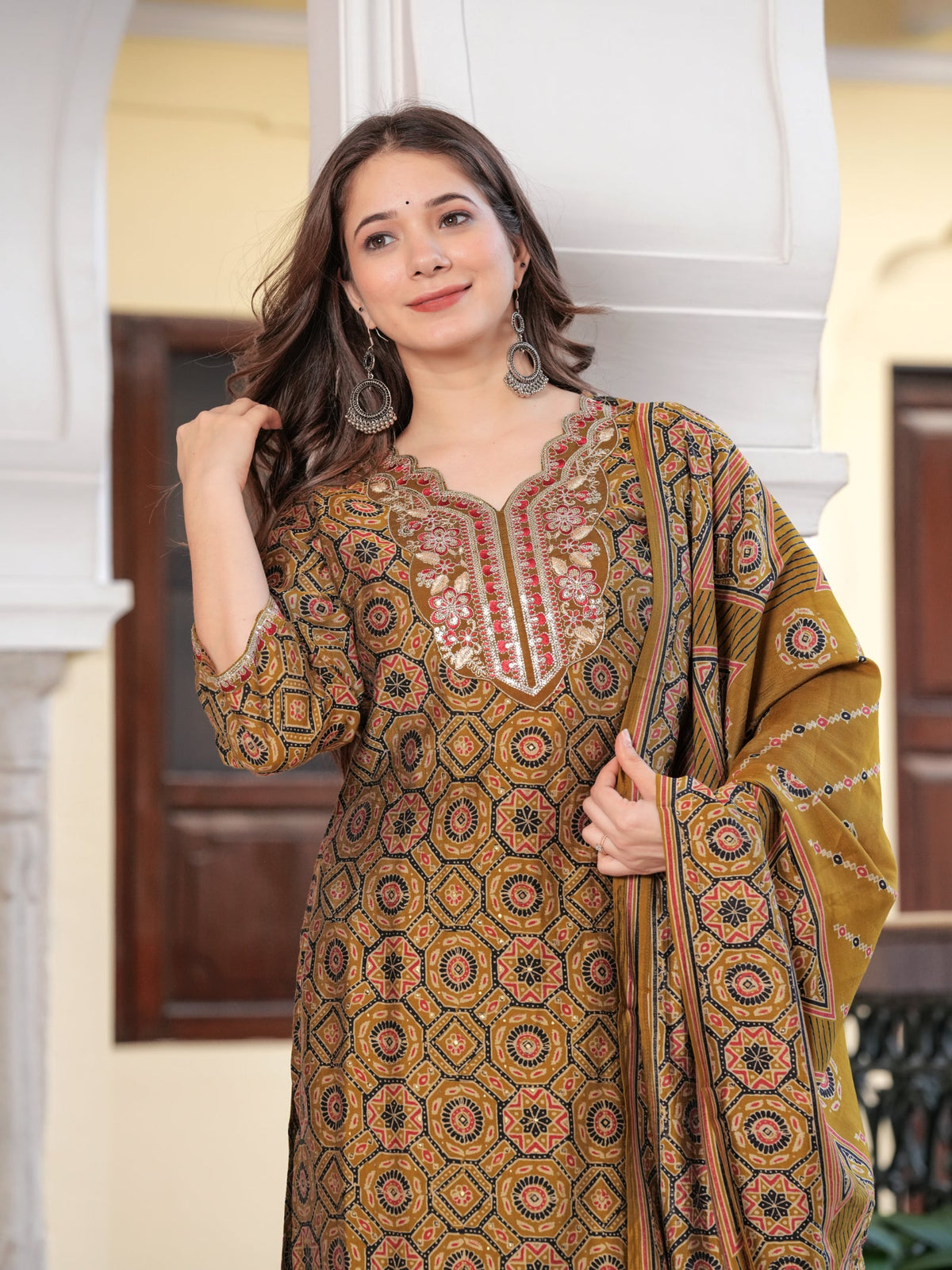 Rangvastra  Wine & Mehndi Green Ethnic Kurta Set with Dupatta