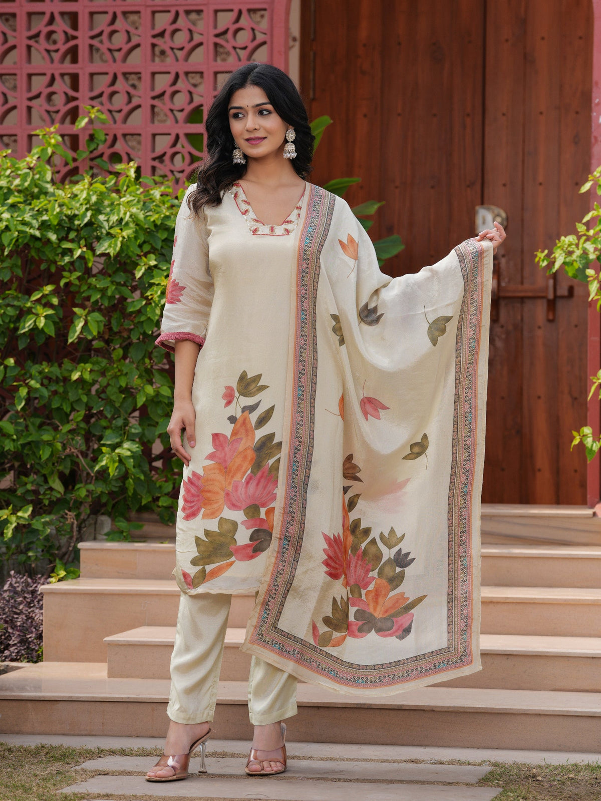 Rangvastra Off White Modal Shimmer Digital Printed Kurta Pant Dupatta Set