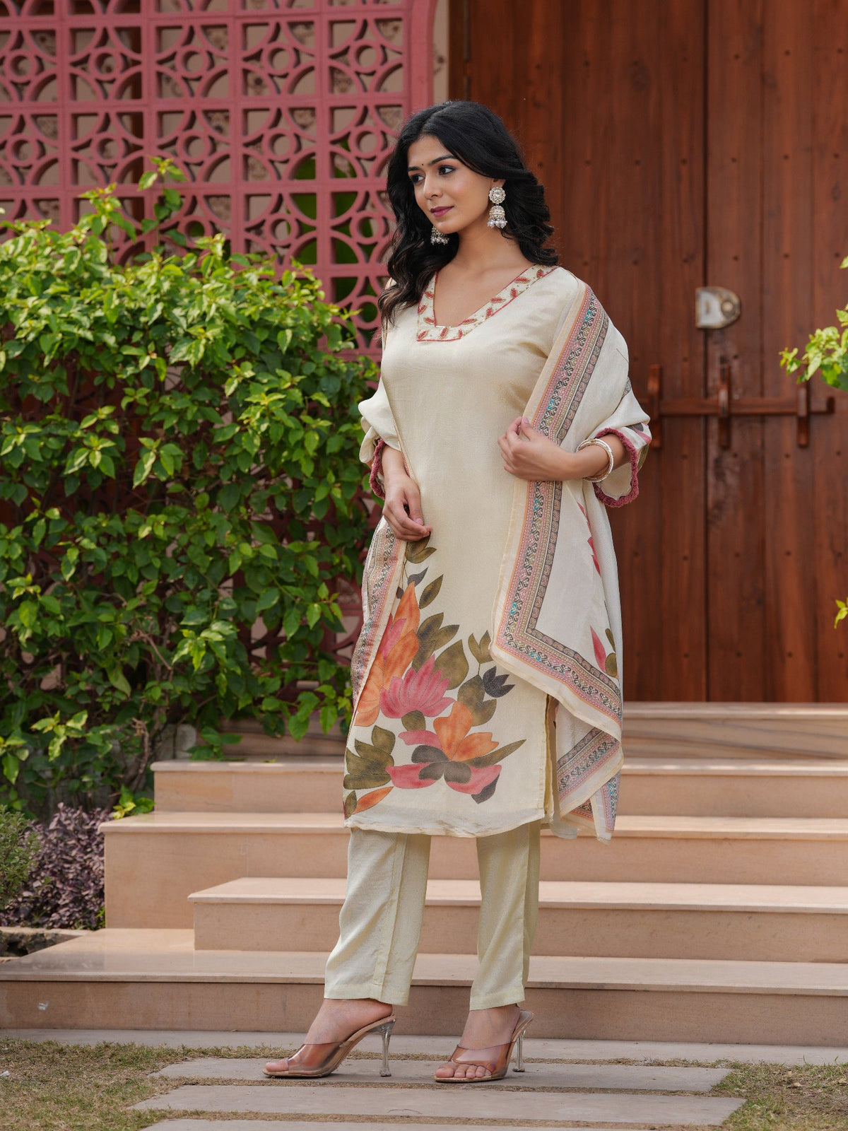 Rangvastra Off White Modal Shimmer Digital Printed Kurta Pant Dupatta Set