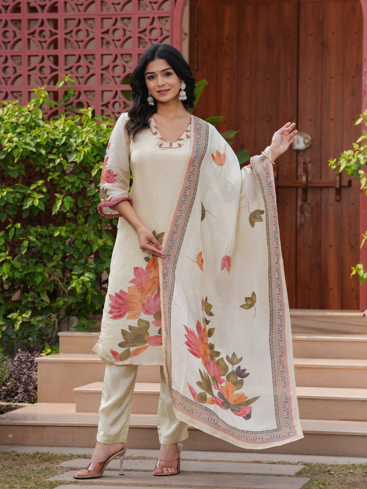 Rangvastra Off White Modal Shimmer Digital Printed Kurta Pant Dupatta Set