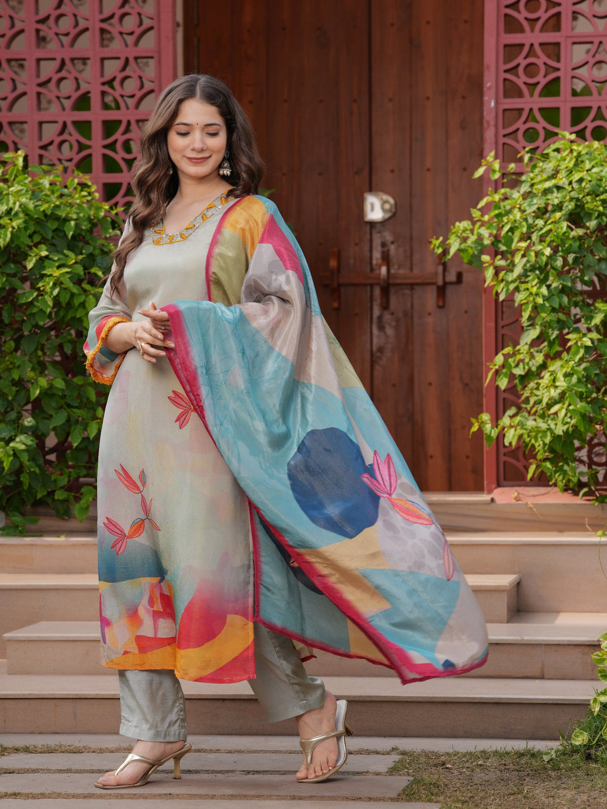 Rangvastra Pink Shimmer Viscose Digital Printed Kurta Pant With Dupatta Set
