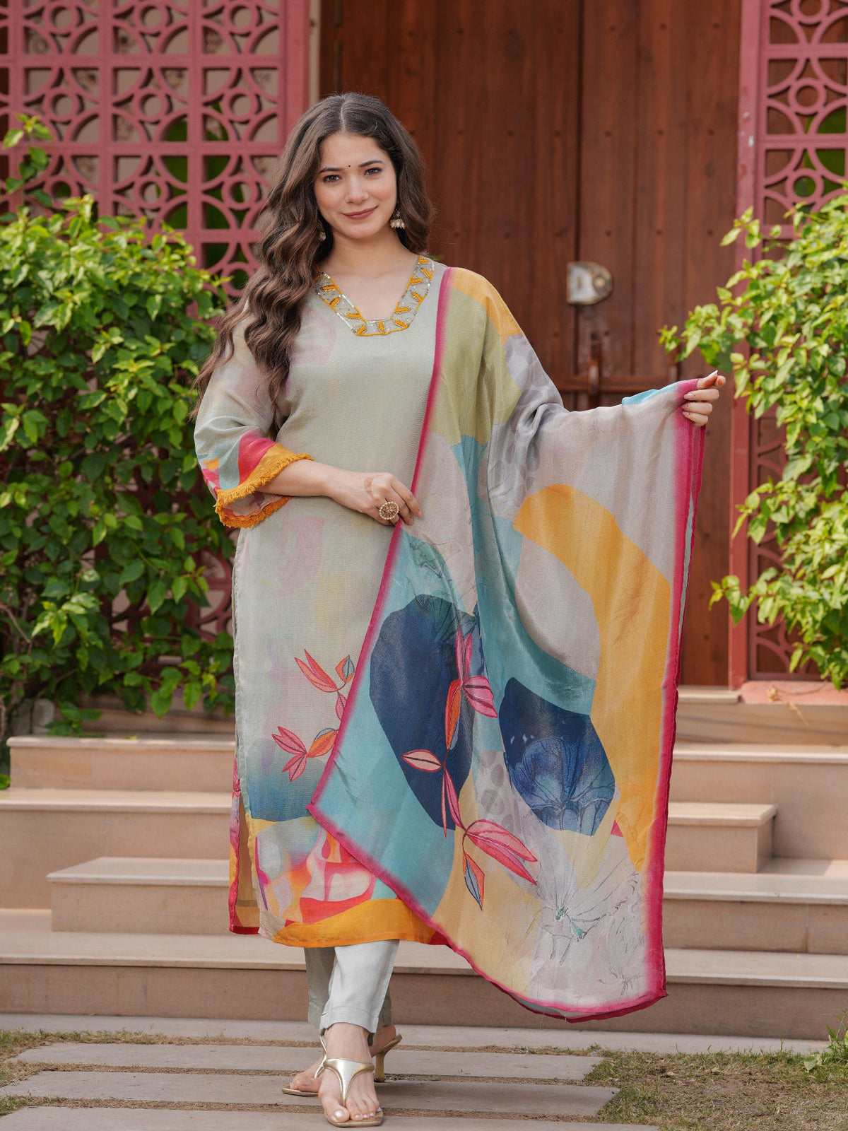 Rangvastra Pink Shimmer Viscose Digital Printed Kurta Pant With Dupatta Set