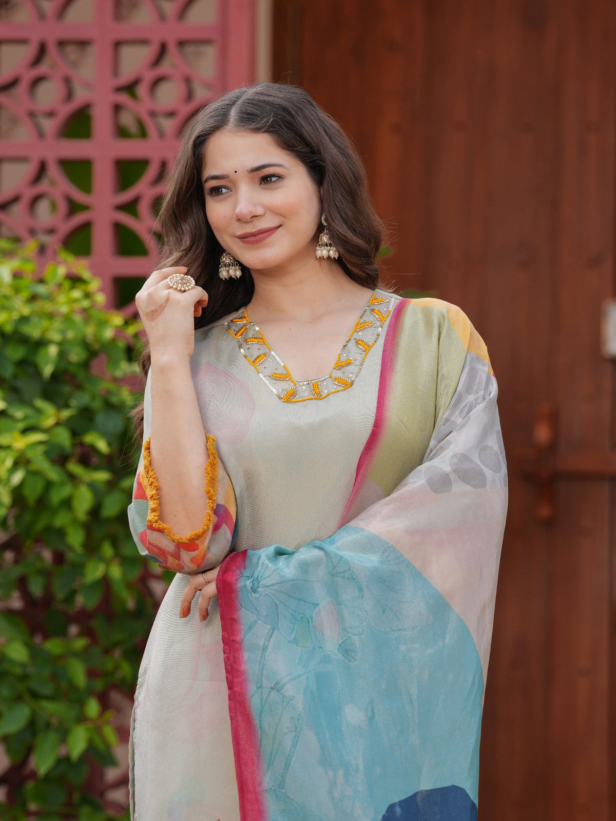 Rangvastra Pink Shimmer Viscose Digital Printed Kurta Pant With Dupatta Set