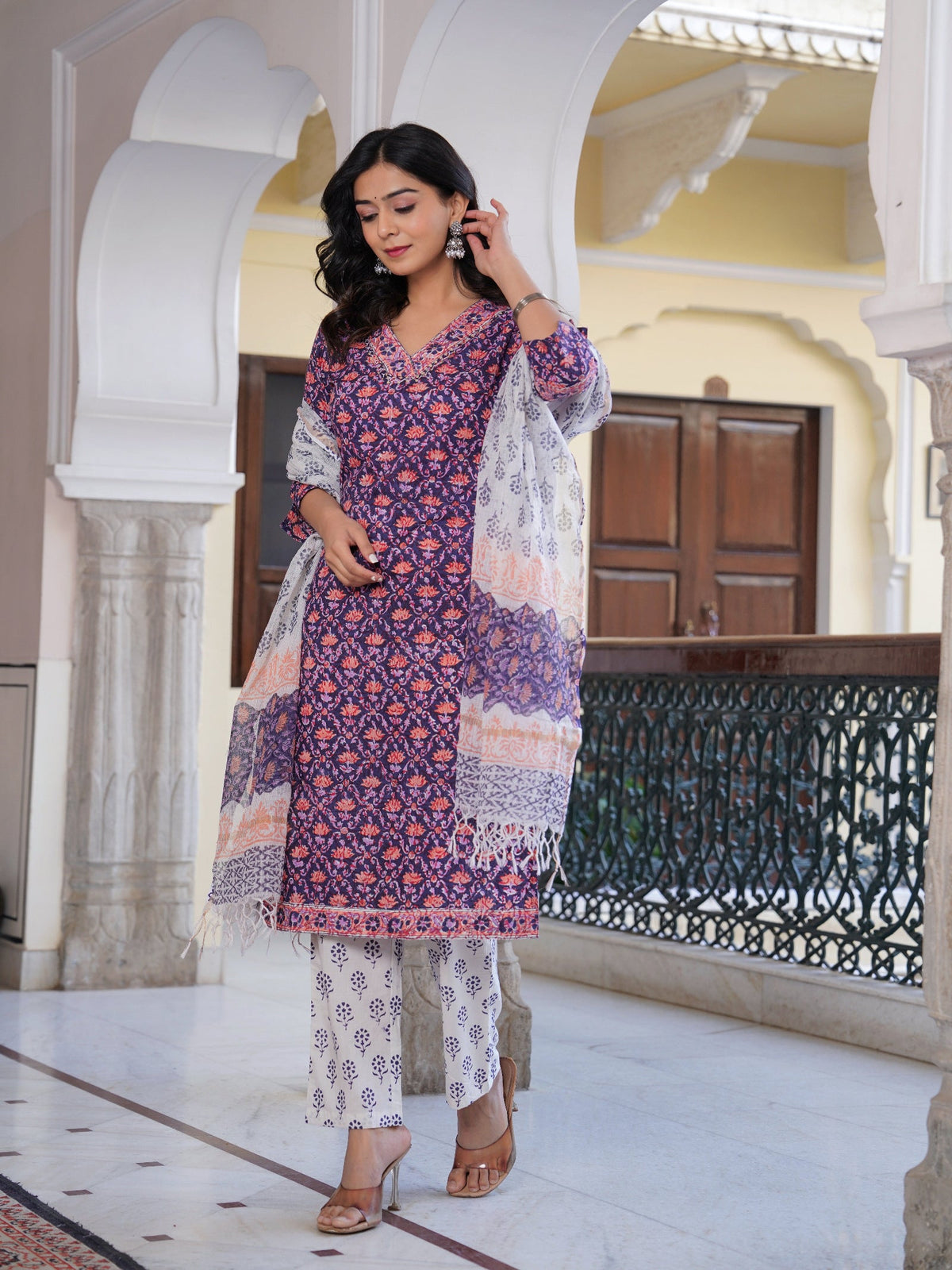 Rangvastra Cotton Floral Printed Hand Block Kurta Pant With Dupatta Set