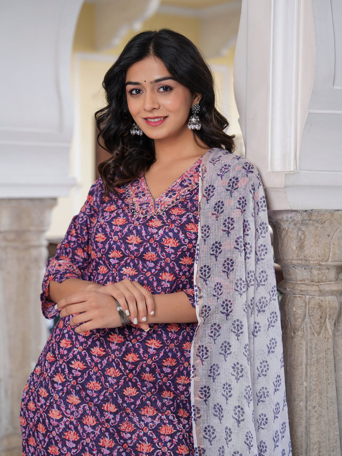 Rangvastra Cotton Floral Printed Hand Block Kurta Pant With Dupatta Set