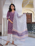 Rangvastra Cotton Floral Printed Hand Block Kurta Pant With Dupatta Set
