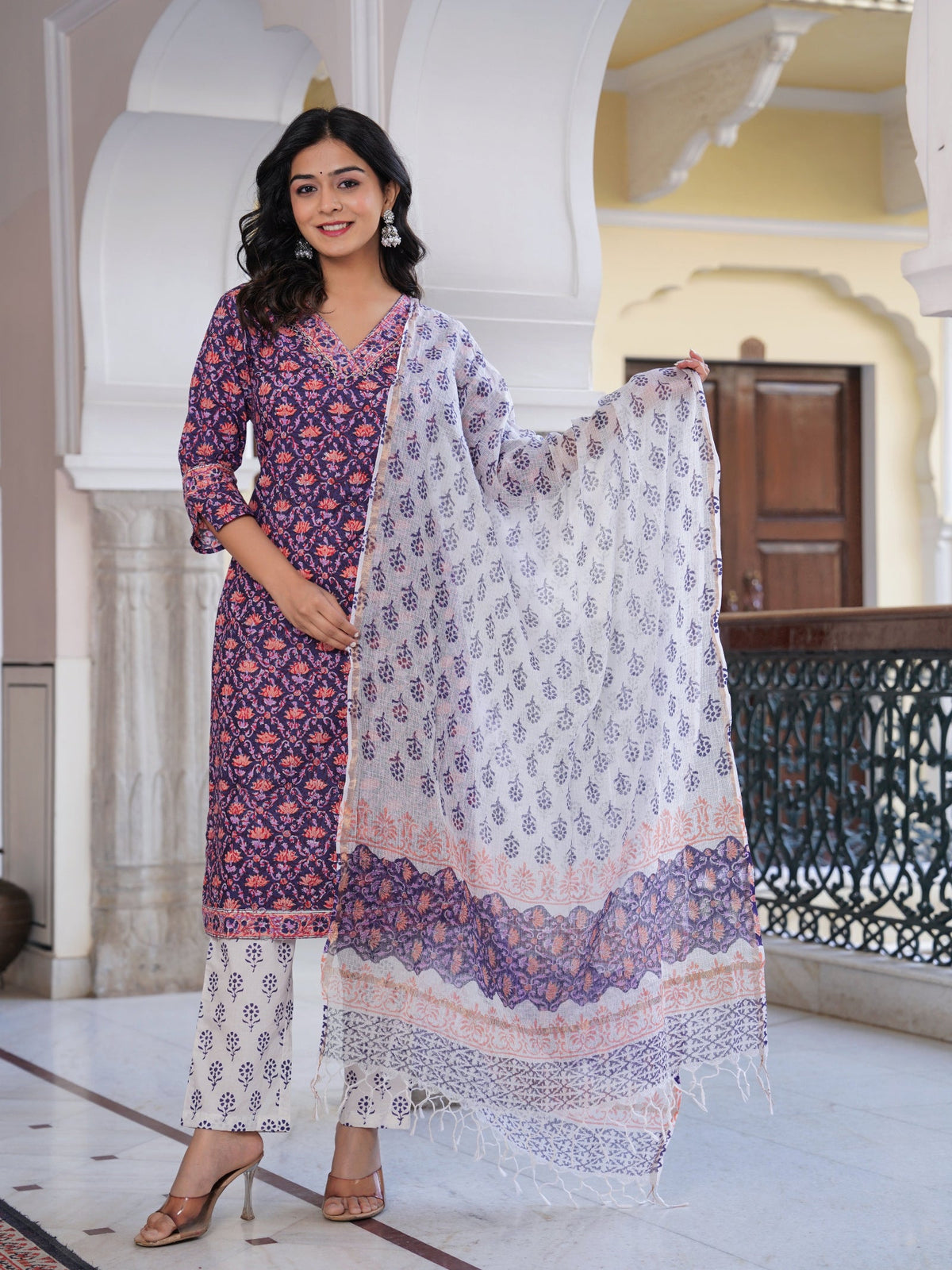 Rangvastra Cotton Floral Printed Hand Block Kurta Pant With Dupatta Set