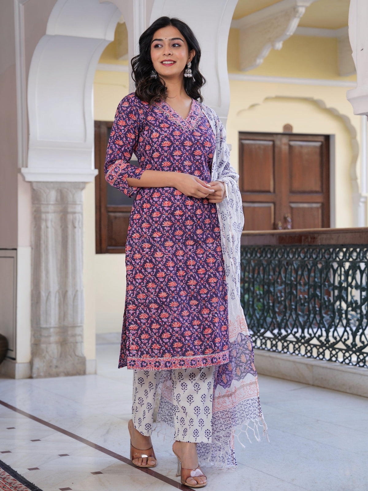Rangvastra Cotton Floral Printed Hand Block Kurta Pant With Dupatta Set