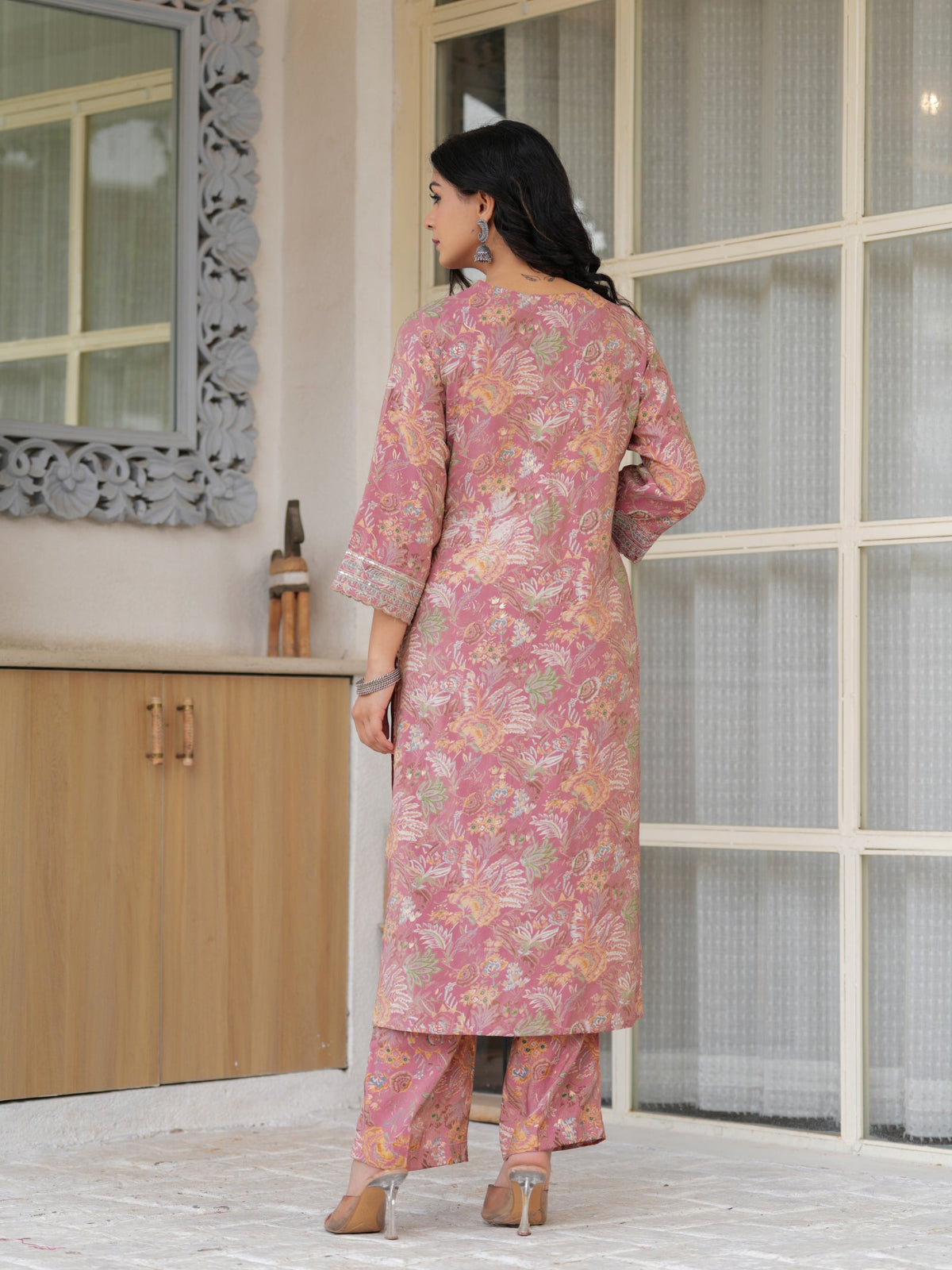 Rangvastra Peach & Dark Green Floral Shimmer Modal Printed Kurta Set