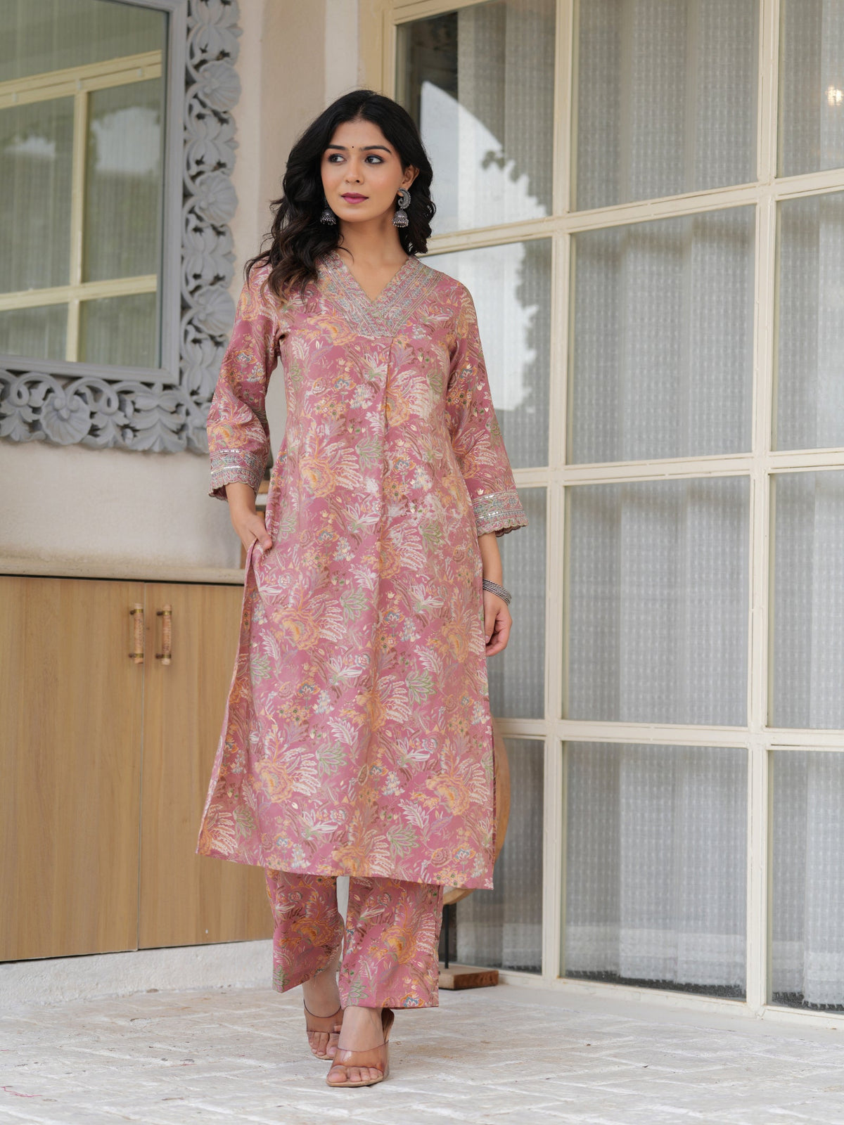 Rangvastra Peach & Dark Green Floral Shimmer Modal Printed Kurta Set