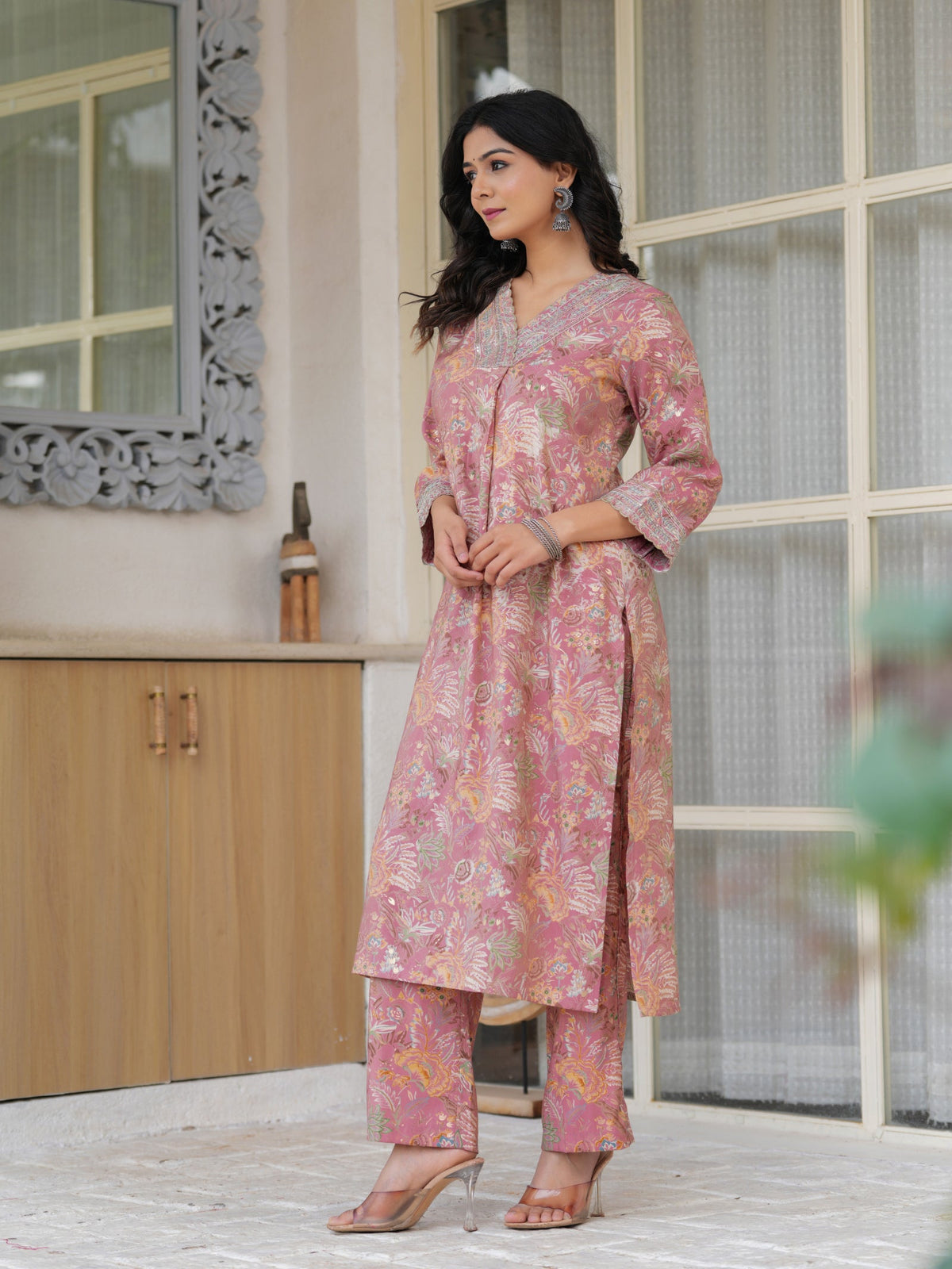 Rangvastra Peach & Dark Green Floral Shimmer Modal Printed Kurta Set