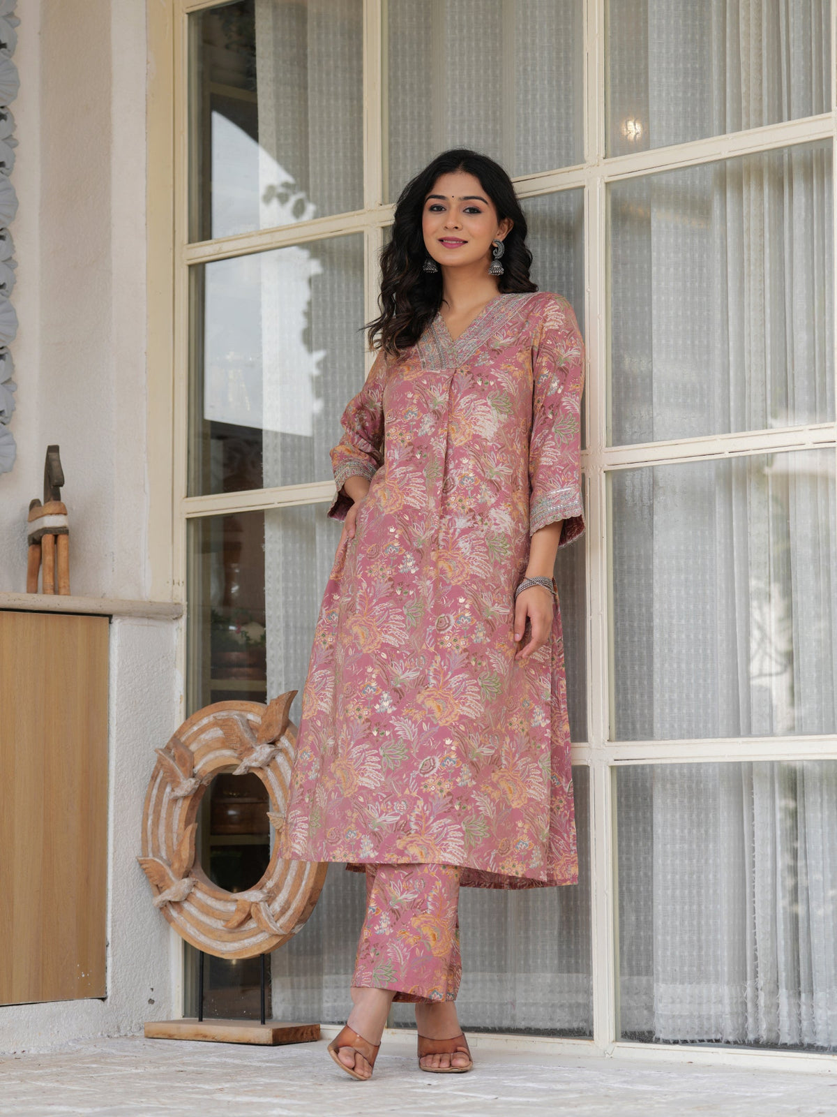 Rangvastra Peach & Dark Green Floral Shimmer Modal Printed Kurta Set