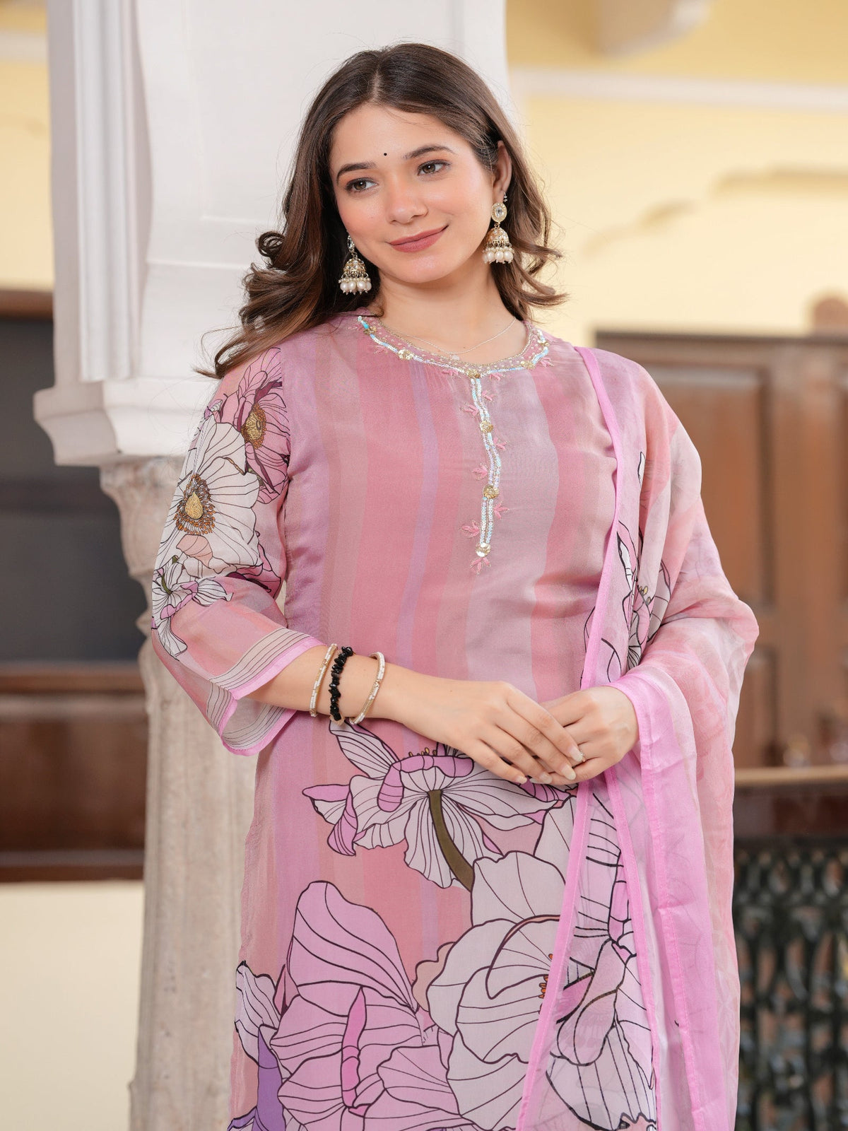 Rangvastra Light Pink Orangza Santoon Digital Printed Kurta Pant Dupatta Set