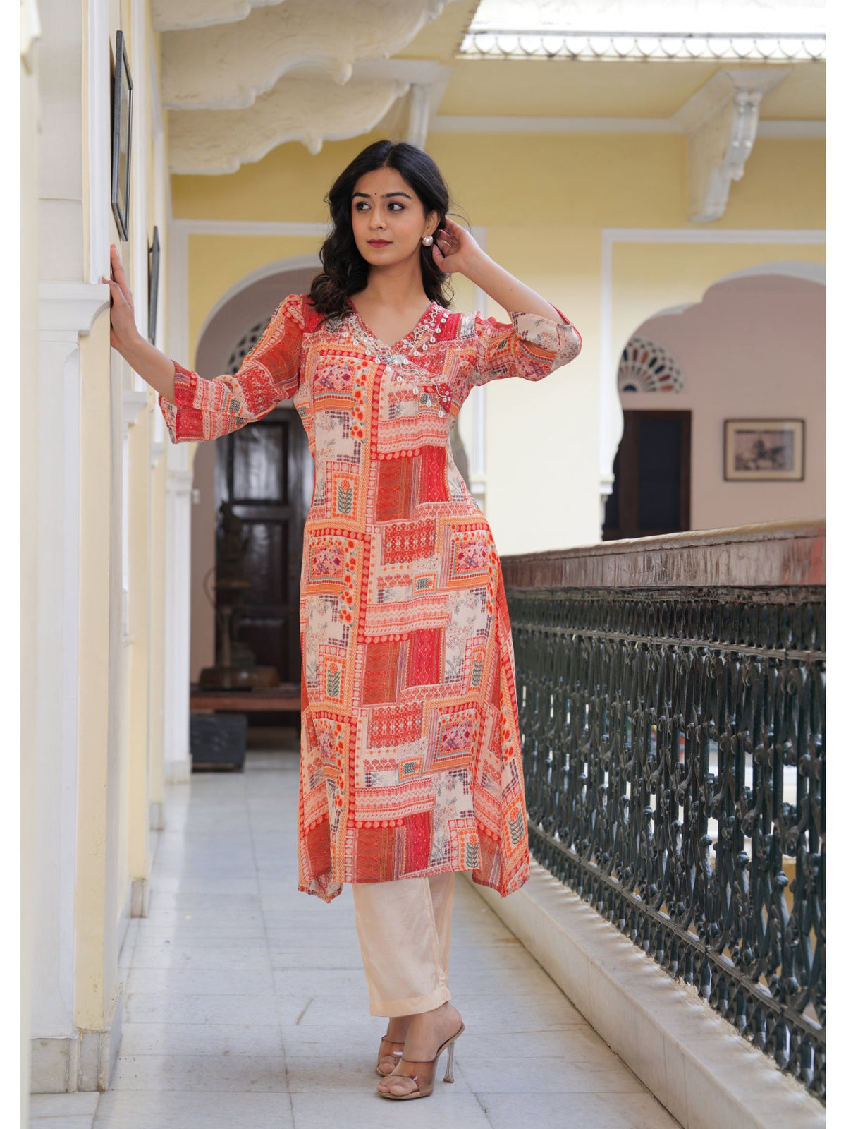 Rangvastra  Chinon Peach Printed Kurta Pant Set