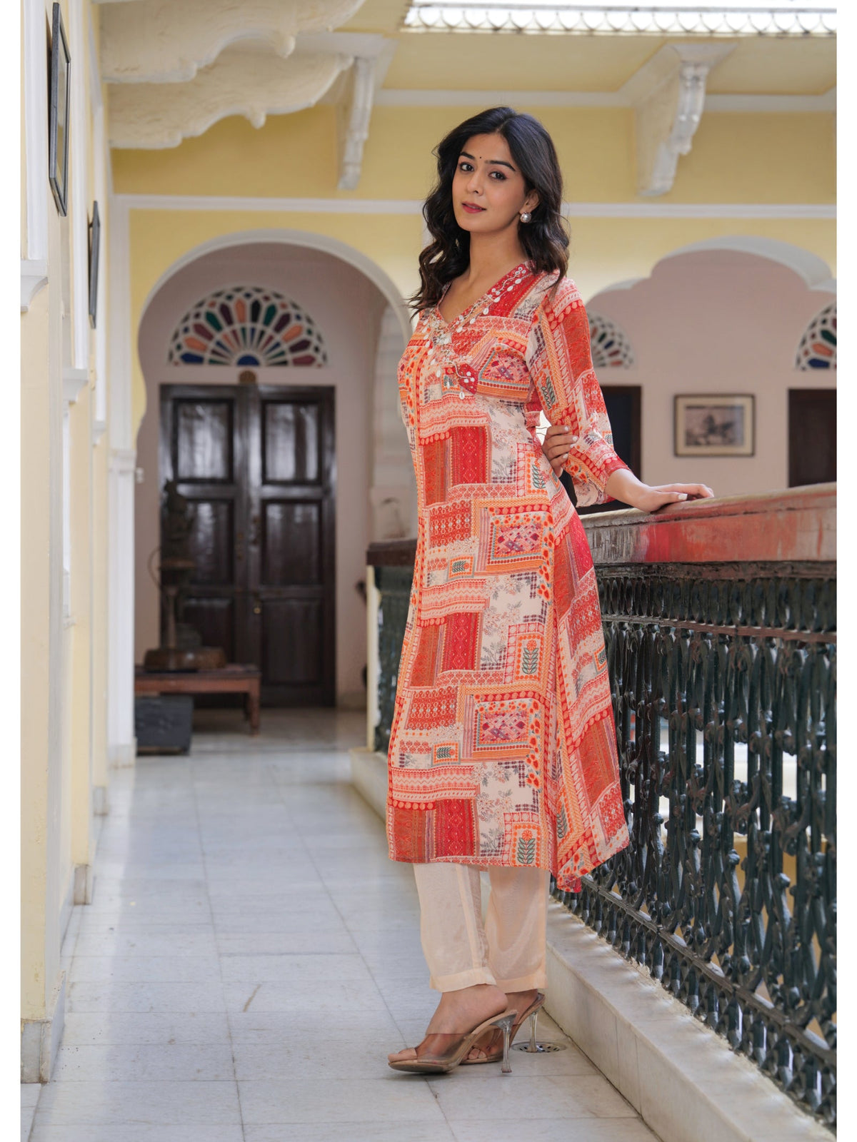 Rangvastra  Chinon Peach Printed Kurta Pant Set