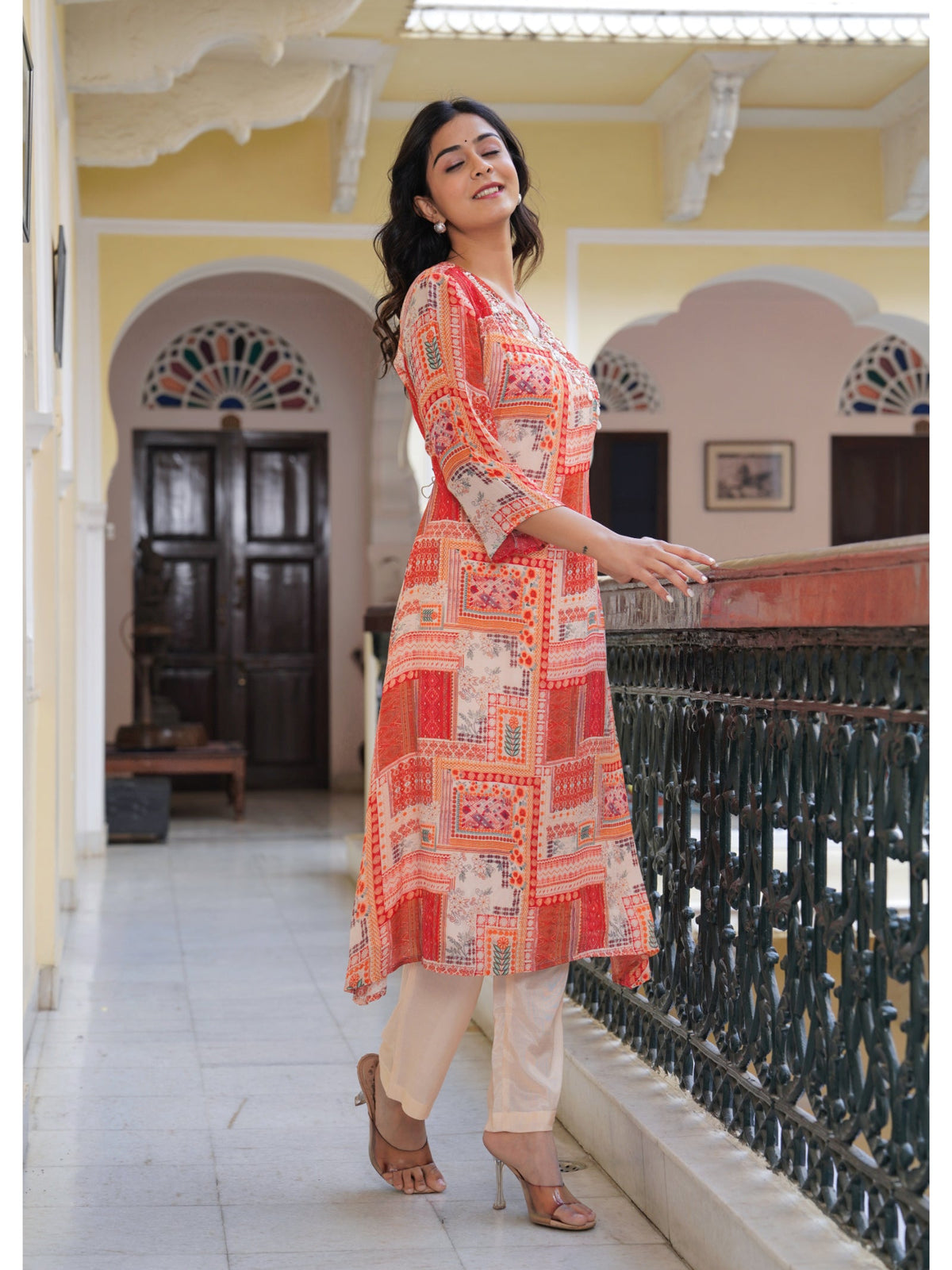 Rangvastra  Chinon Peach Printed Kurta Pant Set