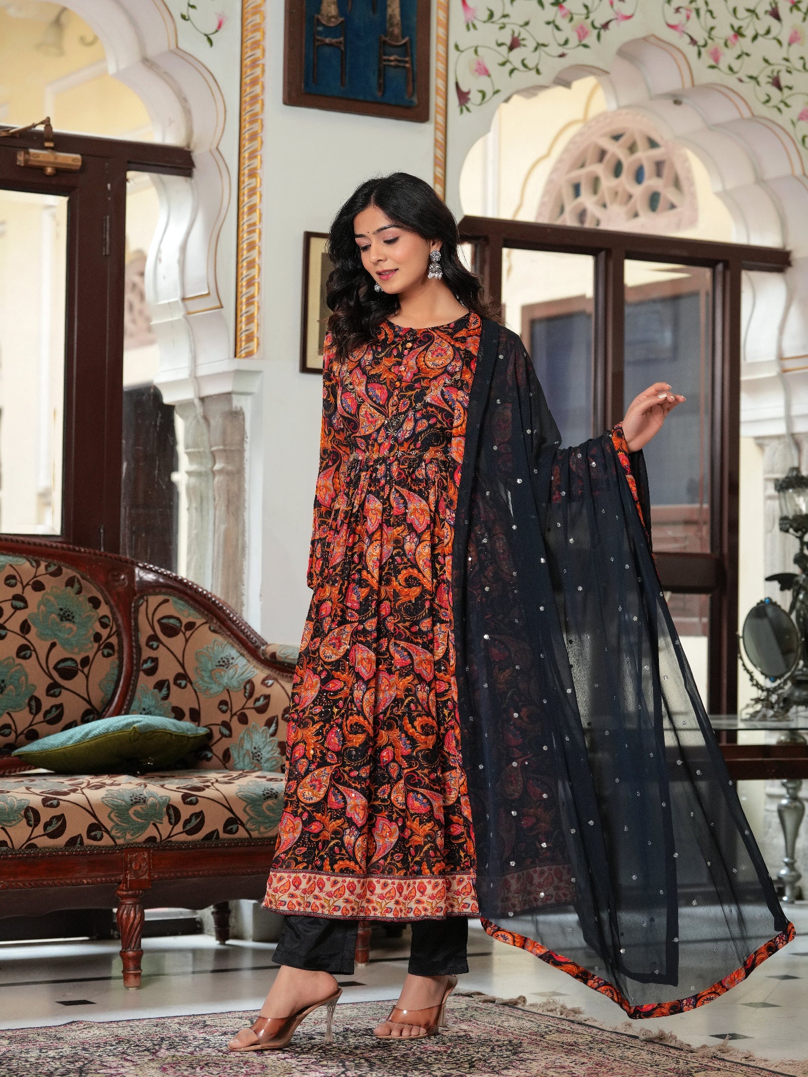 Maluka Women Black Chinon Digital Printed Emb. Kurta Pant With Dupatta Set