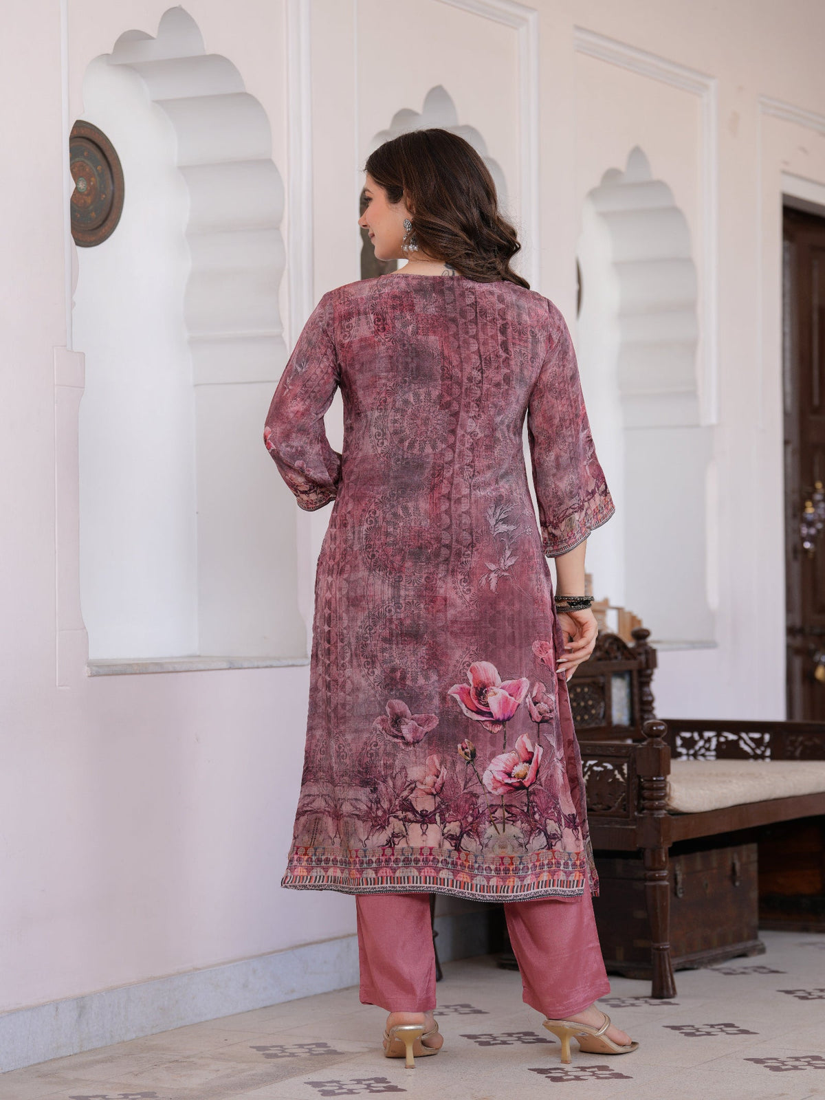 Rangvastra Maroon Viscose Crape Digital Print Kurta Pant Dupatta Set